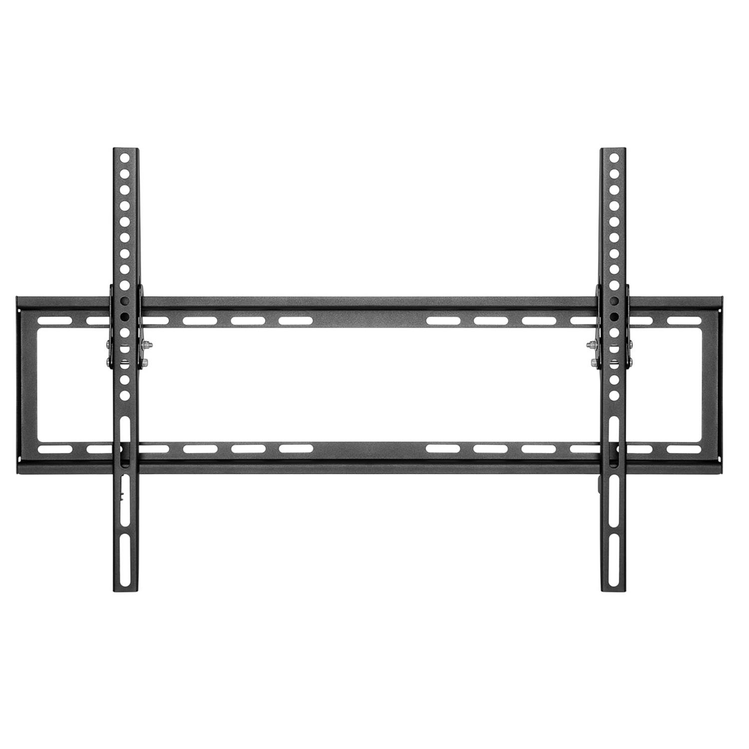 Schwarze TV-Halterung. Zwei vertikale Stangen mit mehreren Löchern und horizontale Stangen.