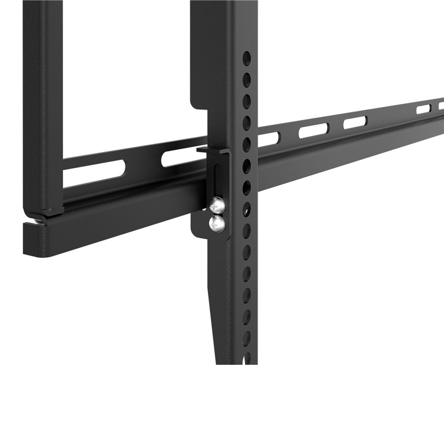 Schwarze Metallhalterung mit horizontalen und vertikalen Teilen, mit Schrauben.