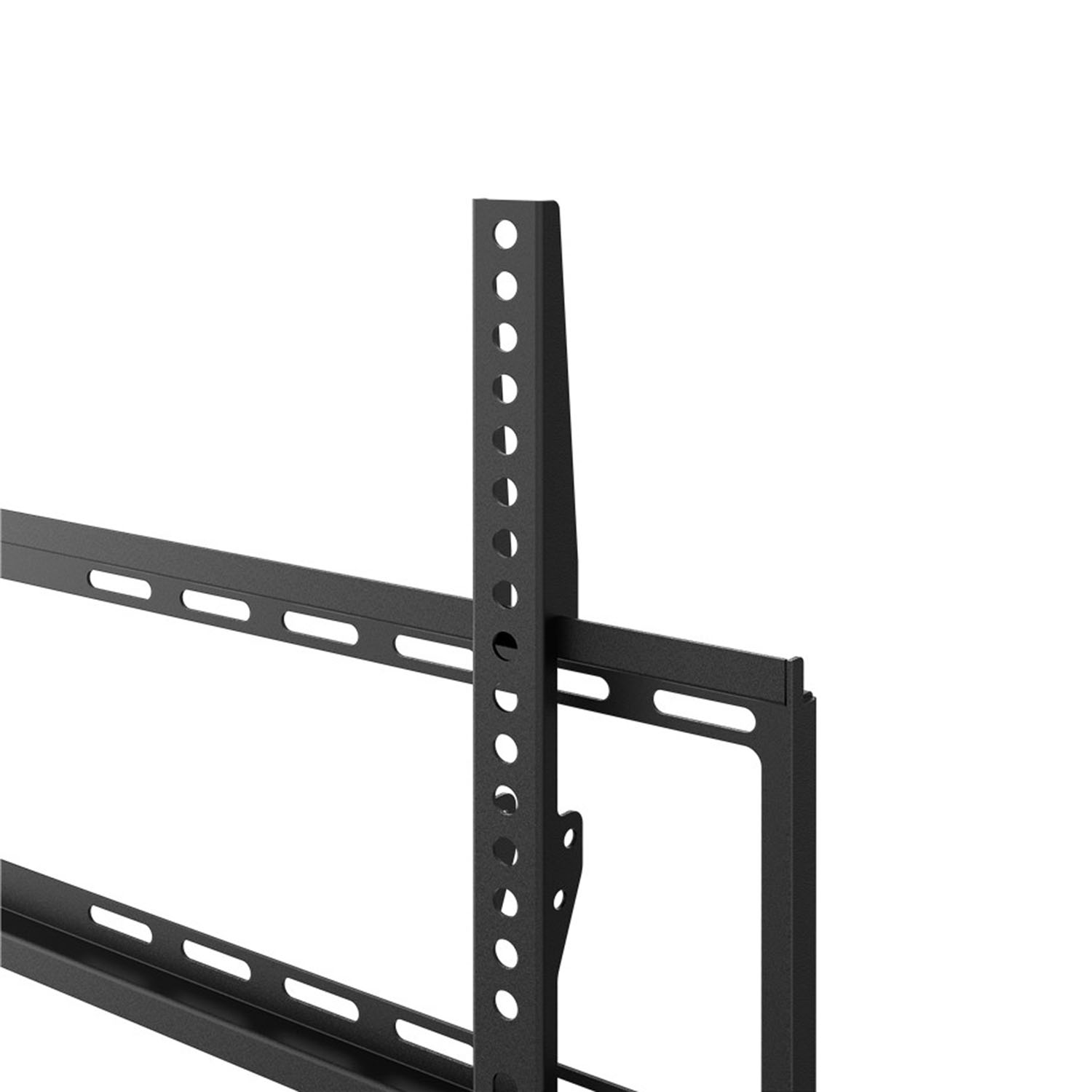 Schwarze TV-Halterung aus Metall. Vertikales Teil mit Löchern und horizontale Arme. Weißer Hintergrund.
