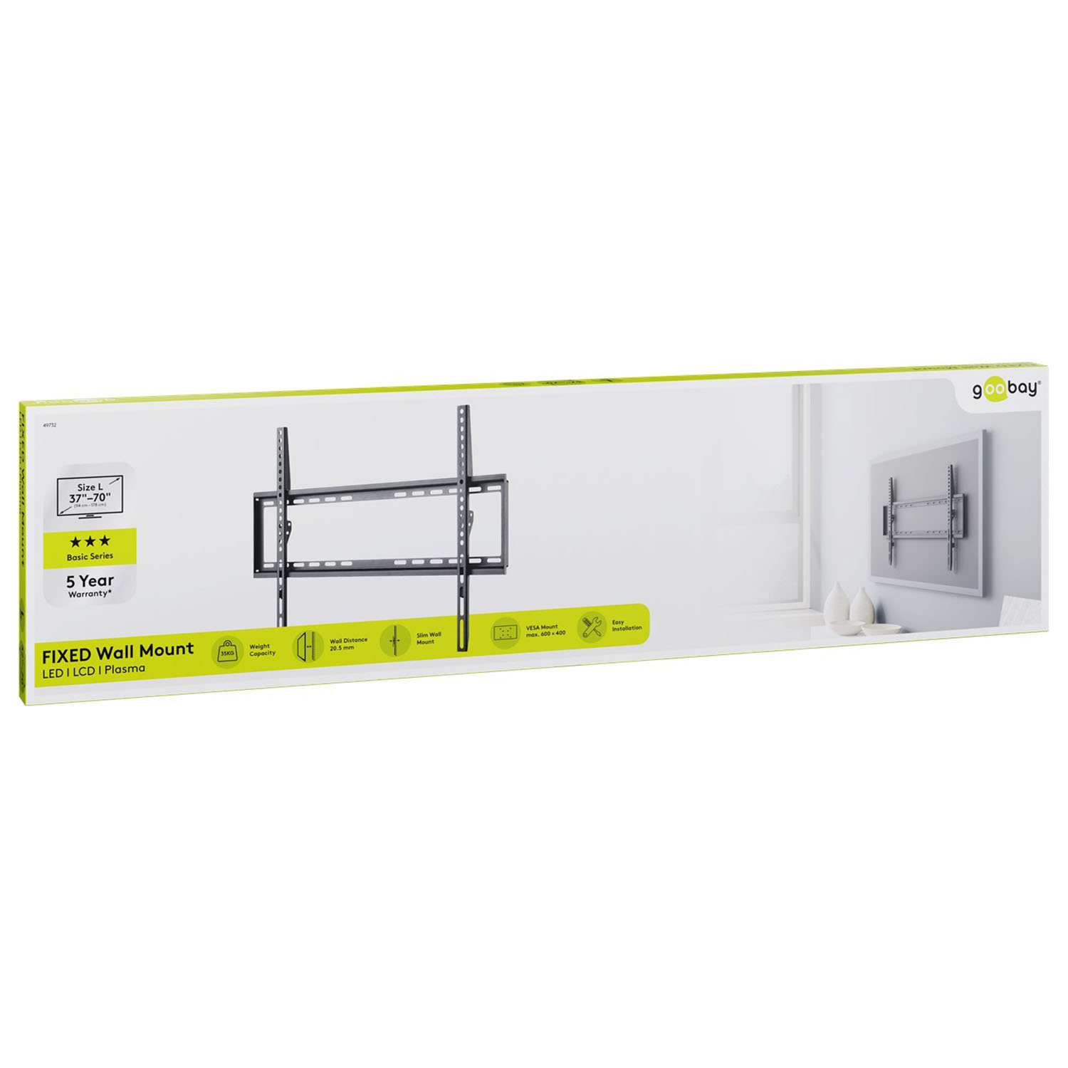 Karton mit fester Wandhalterung für LED/LCD/Plasma-Fernseher. Er ist schwarz und weiß.