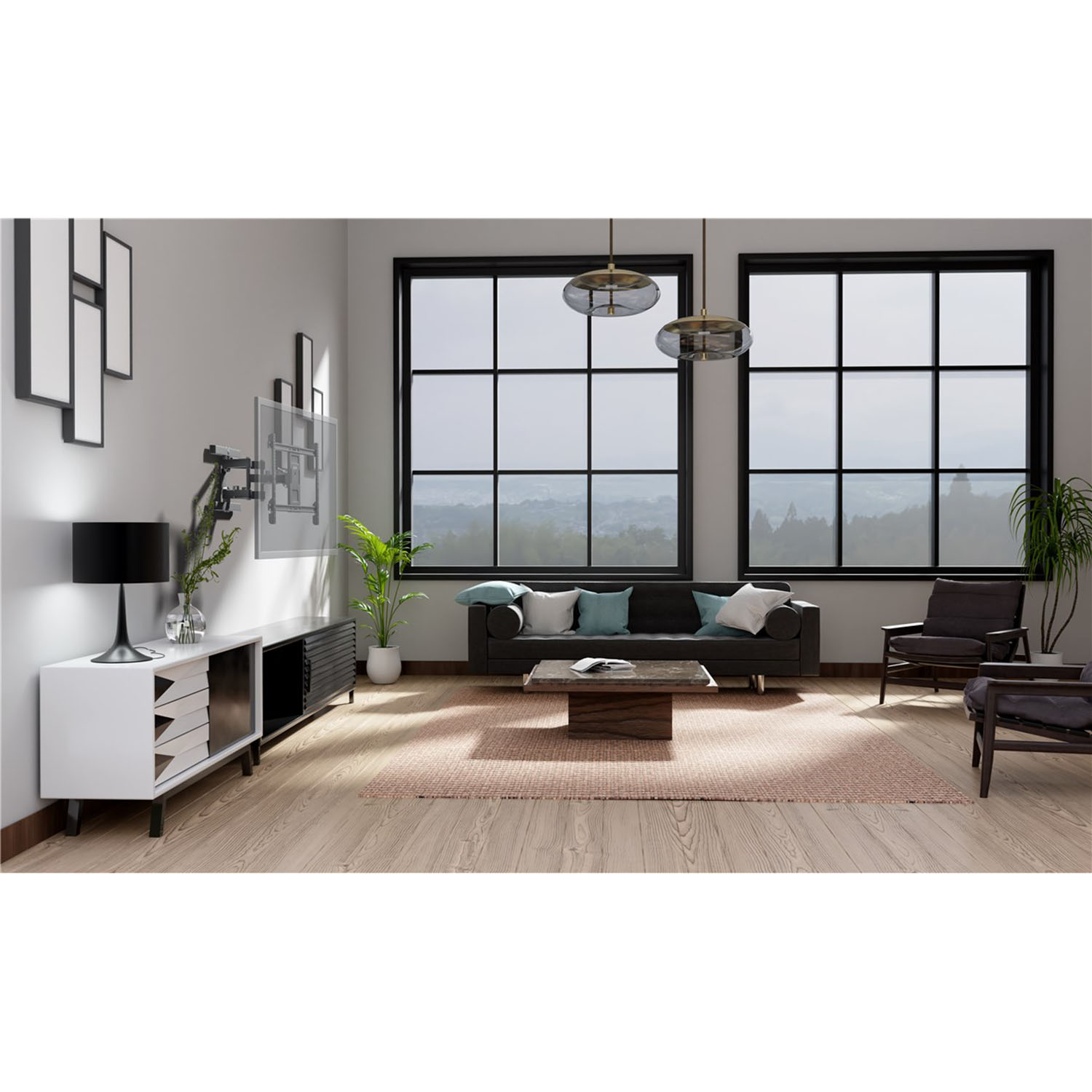 Wohnzimmer mit Couch, Couchtisch und großen Fenstern mit Aussicht.