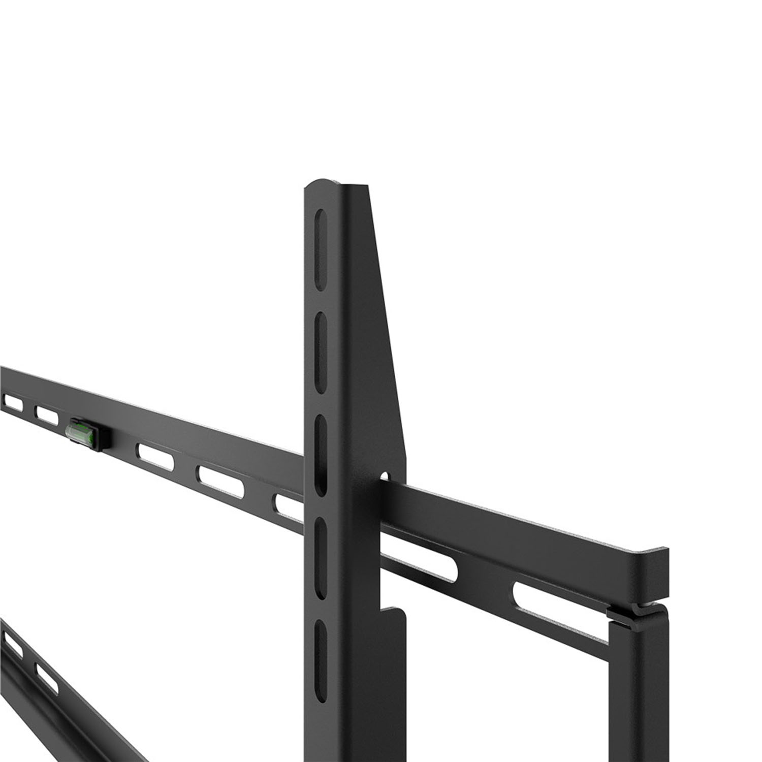 Schwarze TV-Halterung aus Metall, schräge Ansicht, vor weißem Hintergrund.