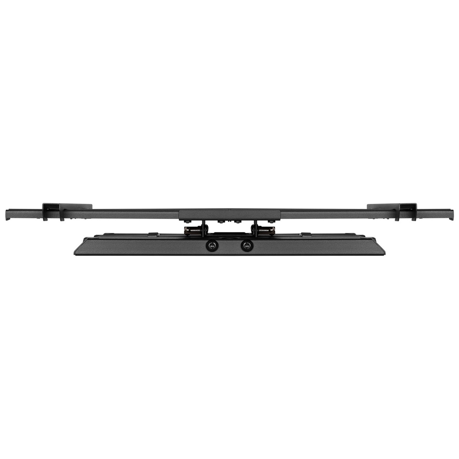 Eine schwarze TV-Wandhalterung mit horizontaler Stange und verstellbaren Armen.