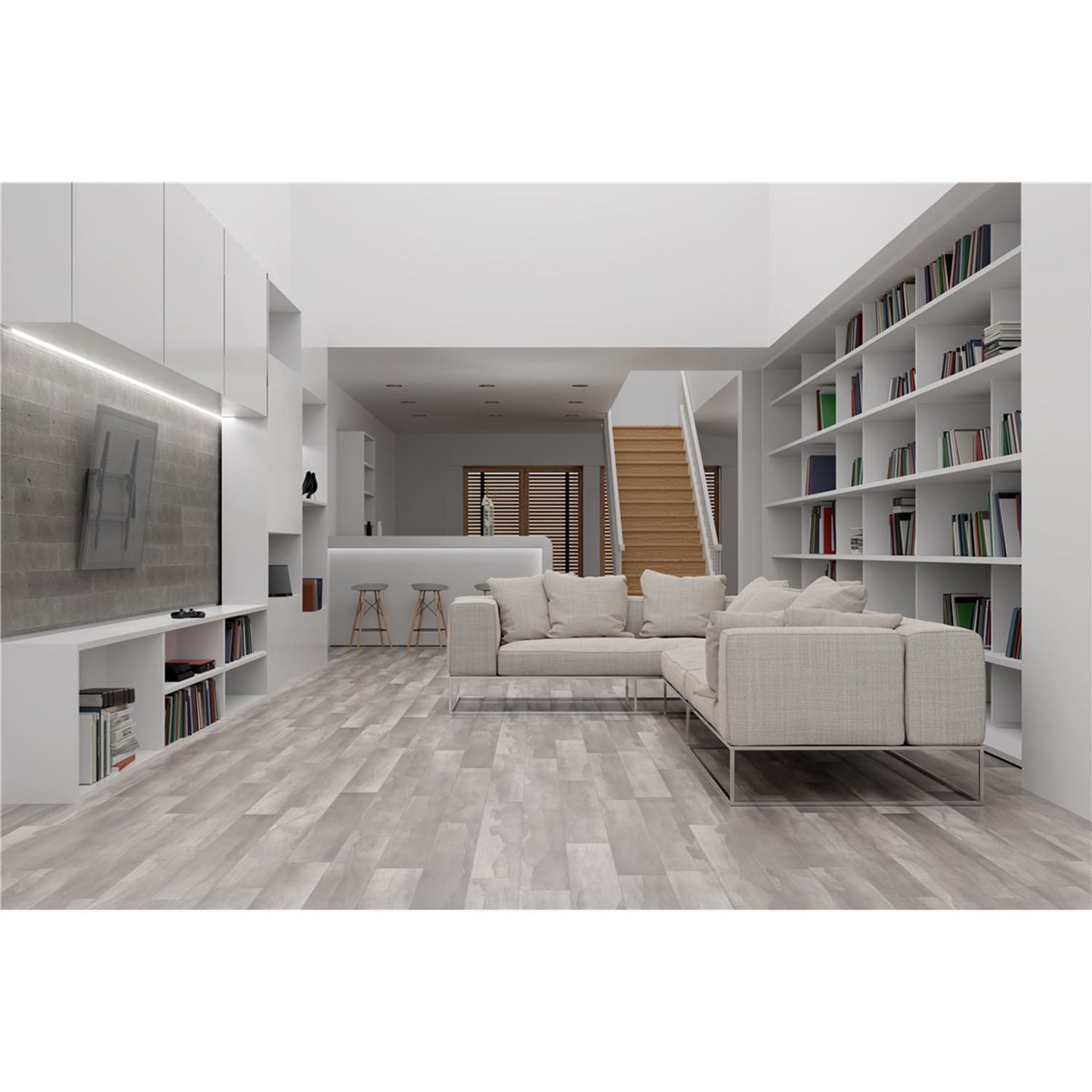 Modernes Wohnzimmer mit weißen Möbeln, Holzboden und Bücherregalen.