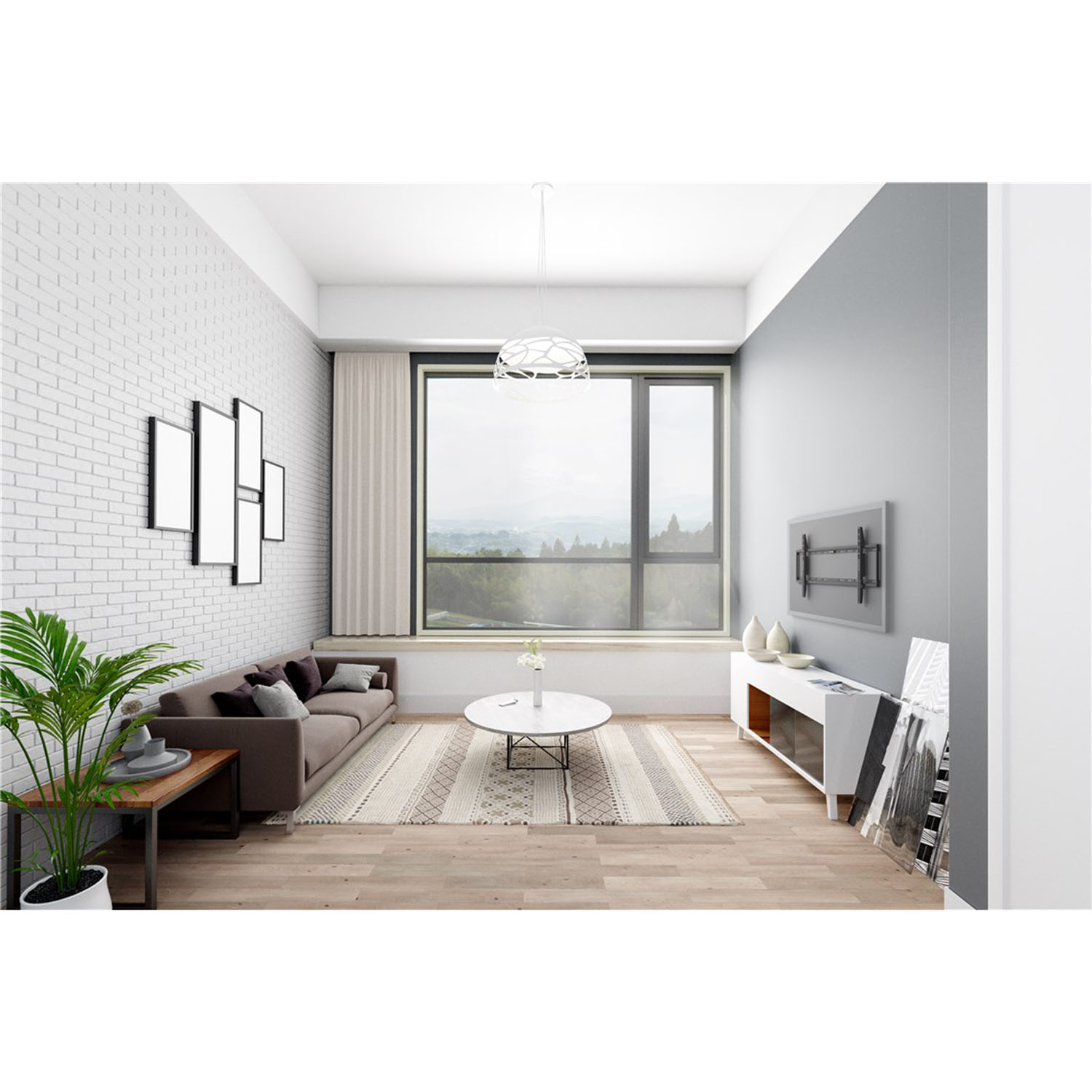 Ein Wohnzimmer mit weißer Backsteinmauer, Sofa und großem Fenster mit Aussicht.