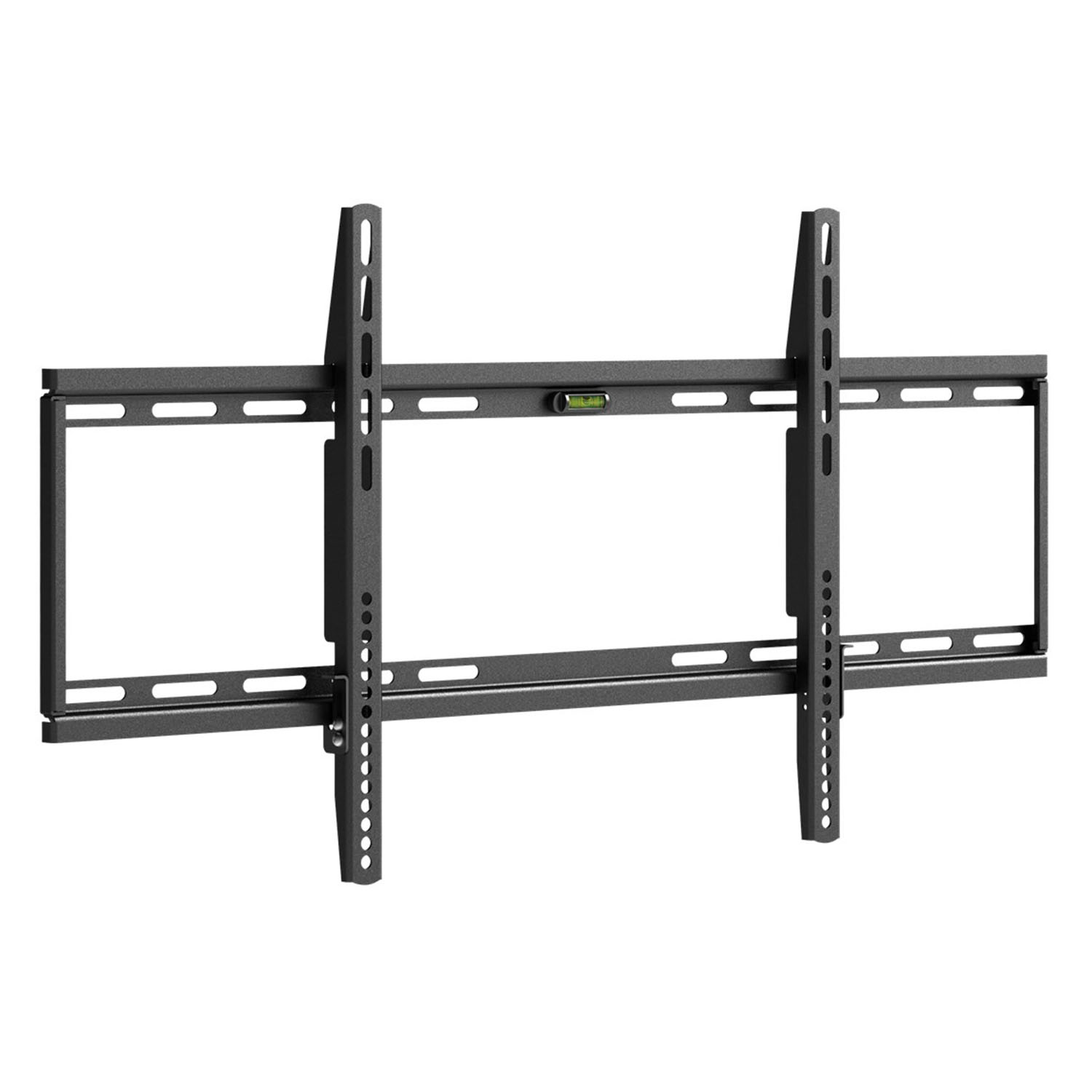 Eine schwarze TV-Wandhalterung mit Befestigungslöchern. Eine Wasserwaage ist sichtbar.