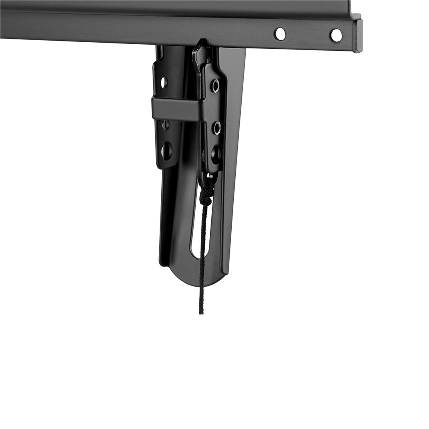 Eine schwarze TV-Halterung wird vor weißem Hintergrund gezeigt. Sie hat einen Befestigungsmechanismus.