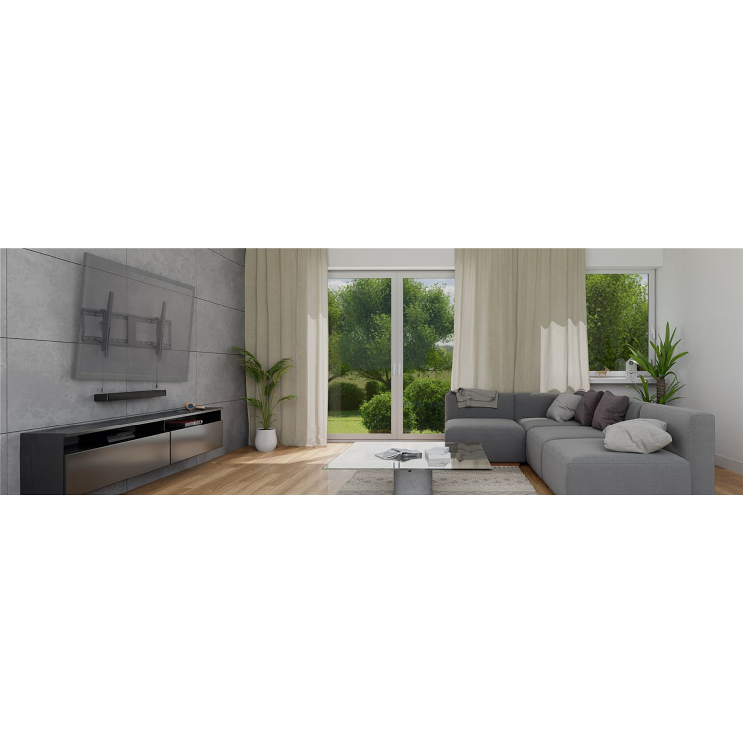 Wohnzimmer-Interieur: TV, Couch, Pflanzen, großes Fenster, weißer Hintergrund.