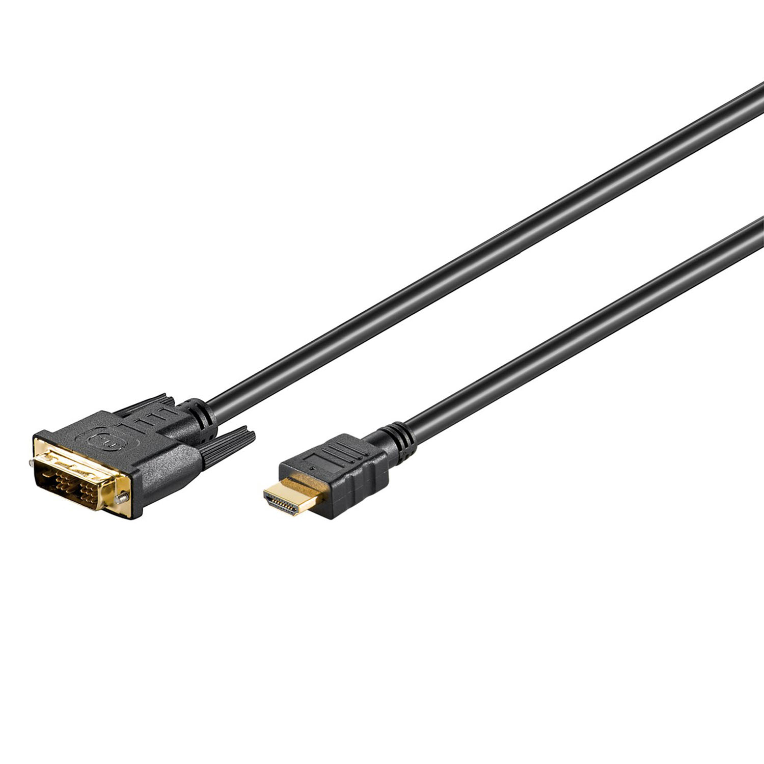 Schwarzes HDMI-zu-DVI-Kabel, Anschlüsse an jedem Ende, auf weißem Hintergrund.