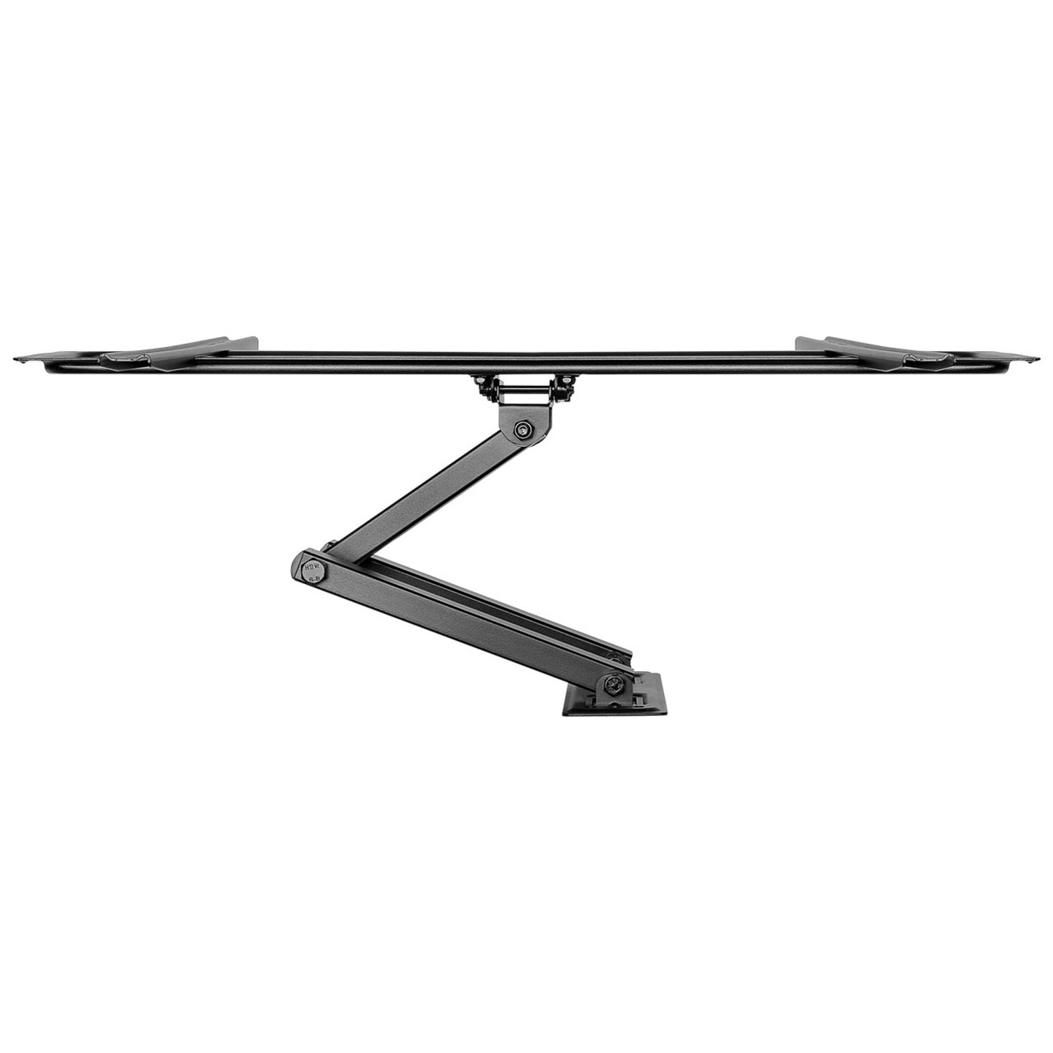 Ein schwarzer, beweglicher Monitorarm, ausgefahren mit Halterung für einen Monitor, auf weißem Grund.
