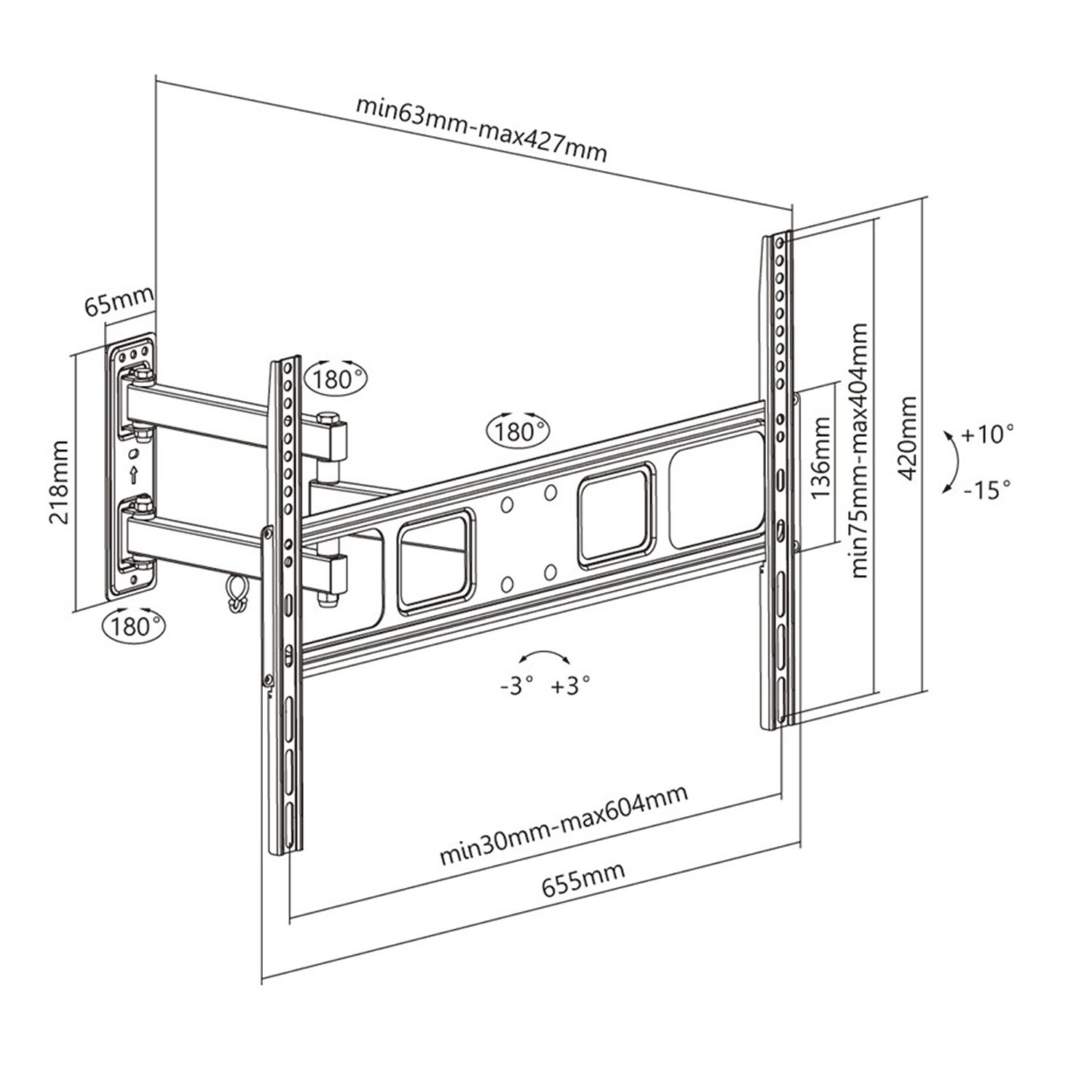 Ein Schwarz-Weiß-Diagramm einer TV-Wandhalterung mit Maßangaben und Gradangaben.