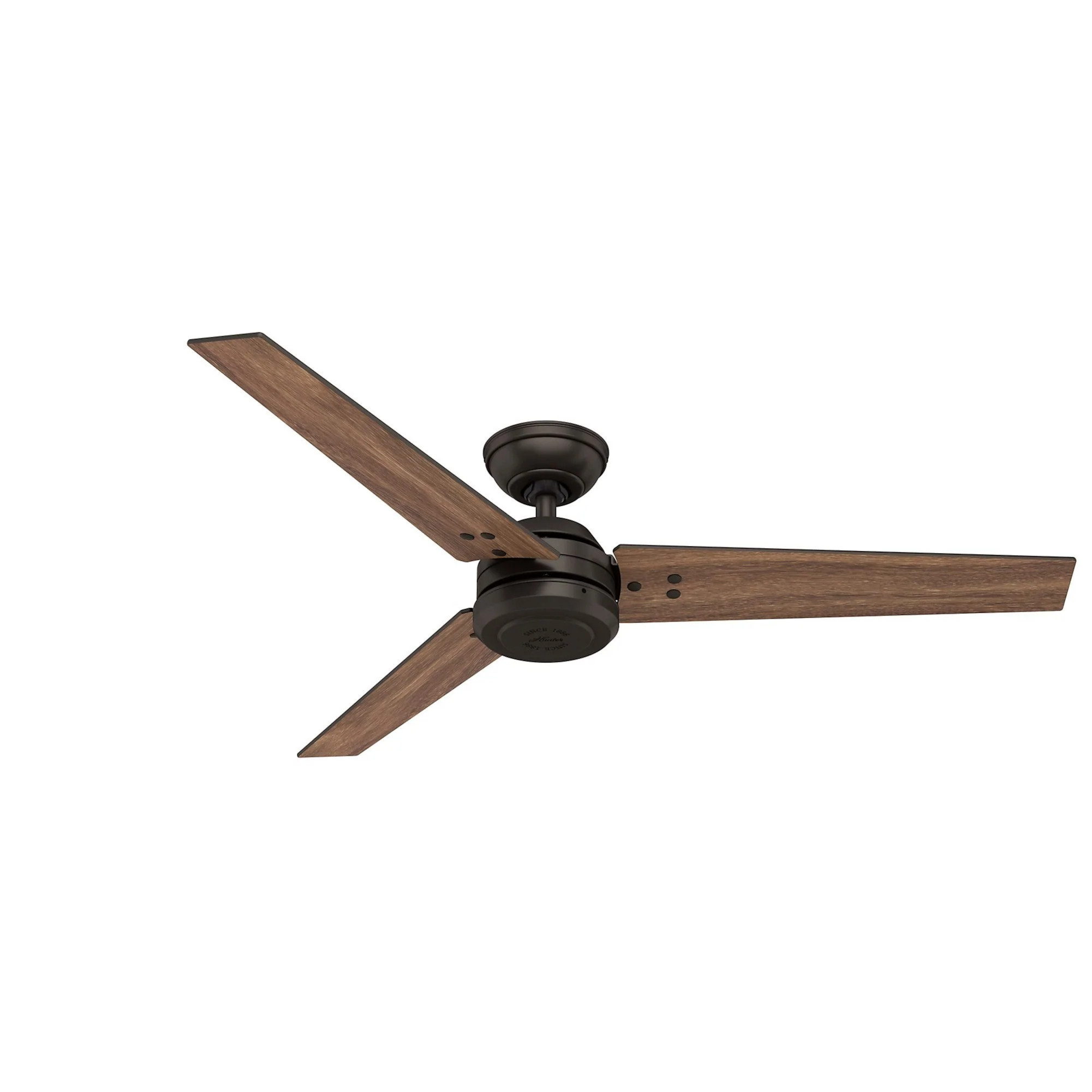 Deckenventilator mit drei braunen Holzflügeln und einem schwarzen Motor.