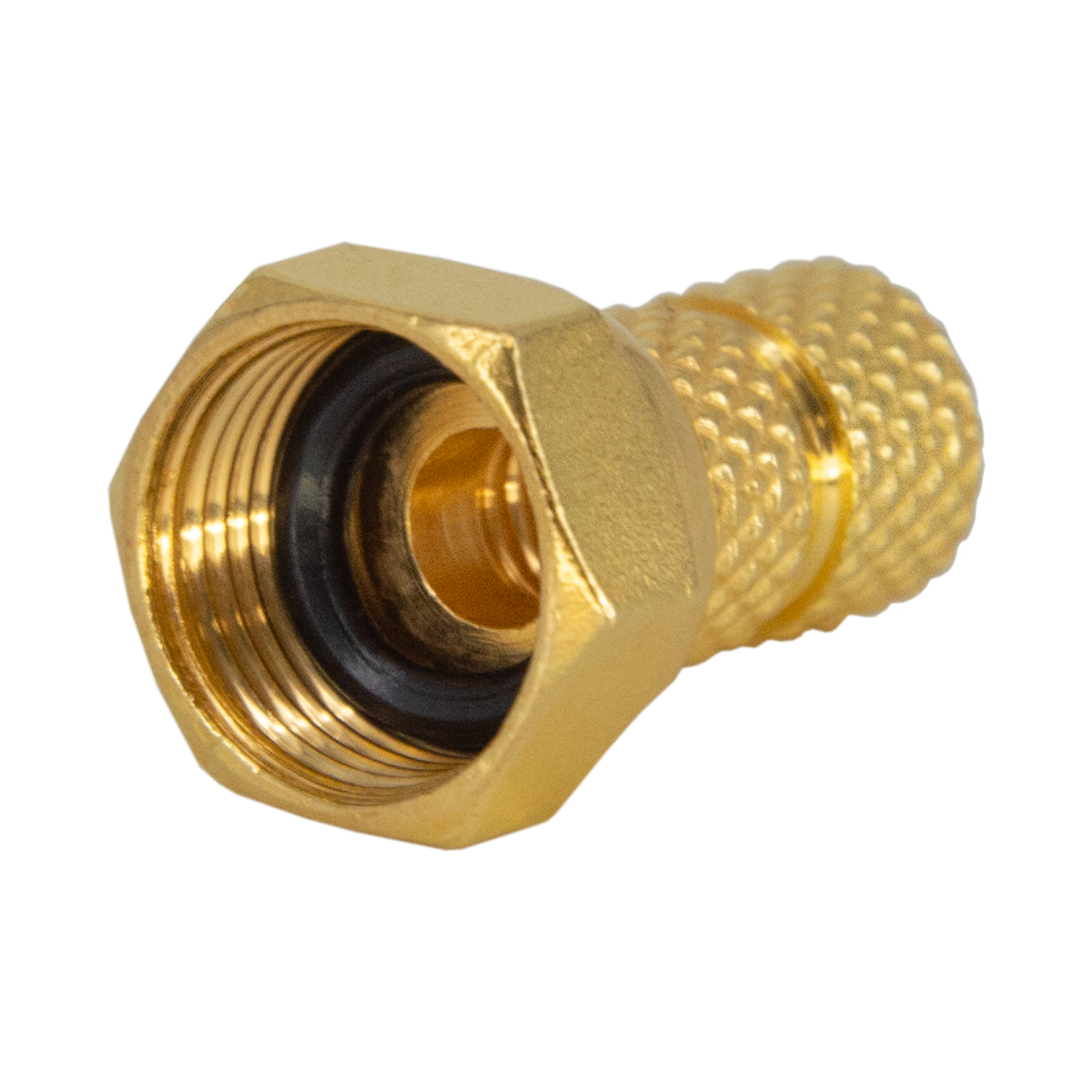 Goldener Stecker mit Gewinde auf weißem Hintergrund. Die Oberseite ist flach.