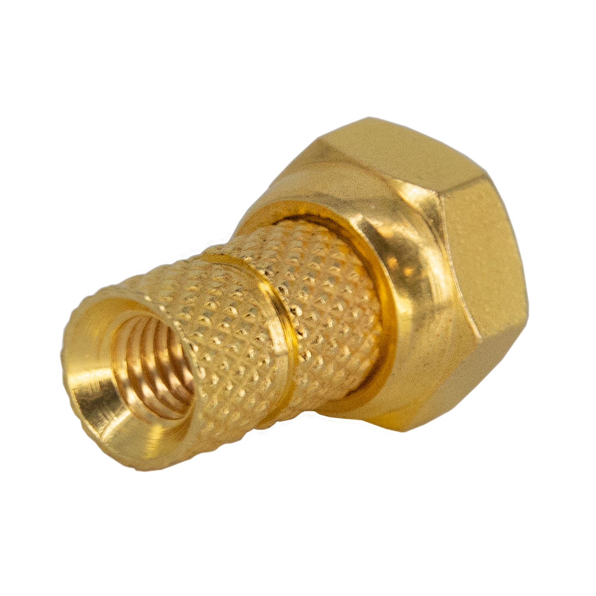 Goldfarbenes Messingfitting mit Innengewinde und strukturierter Außenseite, Nahaufnahme.