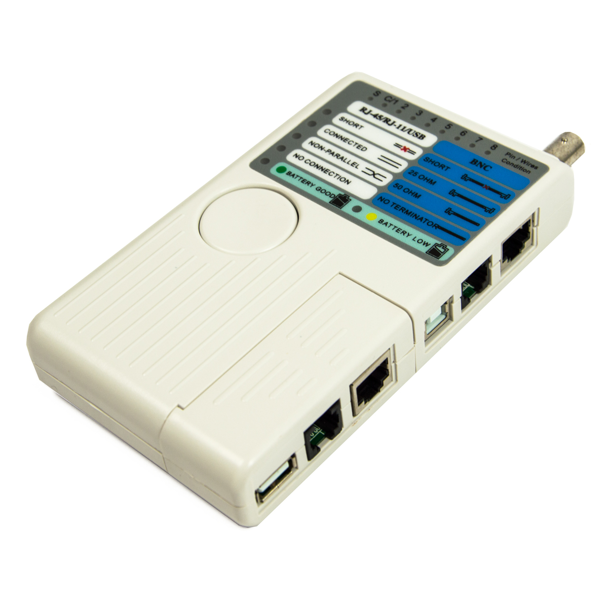Netzwerkkabeltester mit mehreren Anschlüssen, Tasten und LEDs. Weißer Hintergrund.