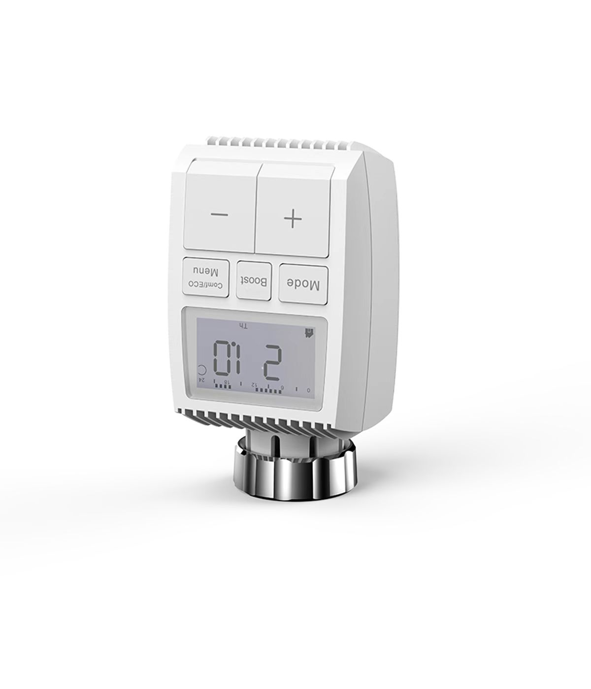 Weißes Thermostat mit Knöpfen und einem Digitaldisplay mit Zahlen.