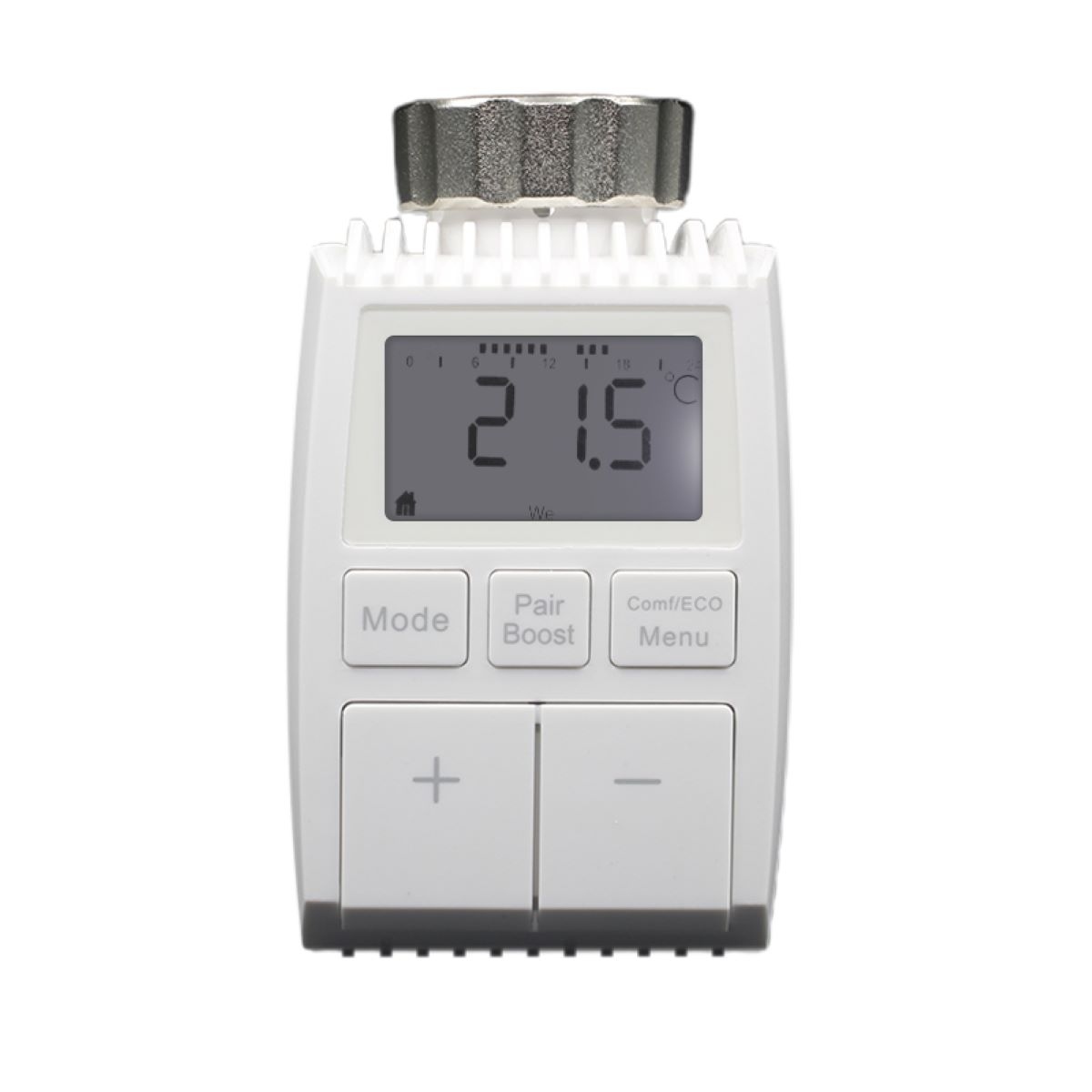 Weißer Smart-Thermostat mit Anzeige von 21,5°C.