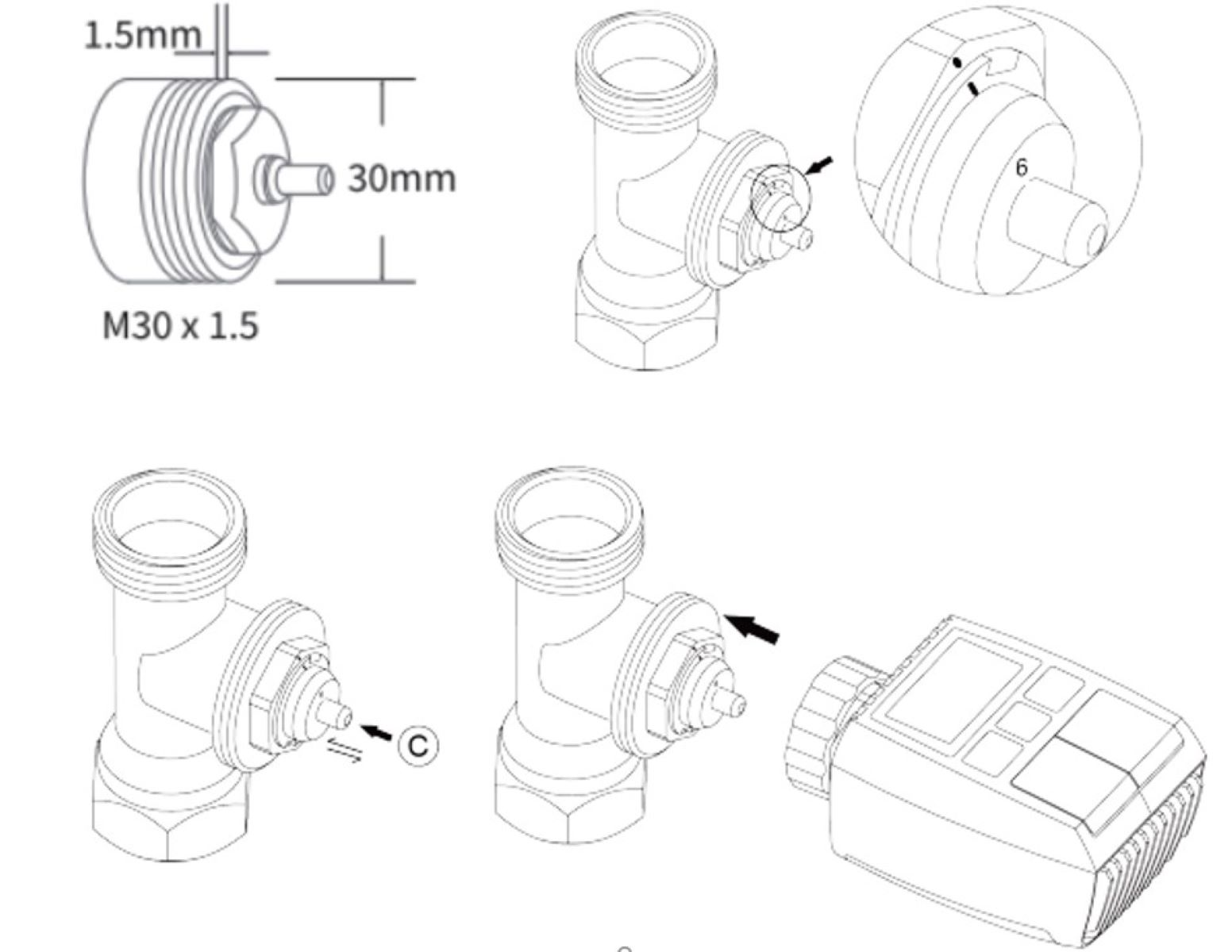Diagramm von Sanitärkomponenten, einschließlich T-Verbinder und Wasseruhr.