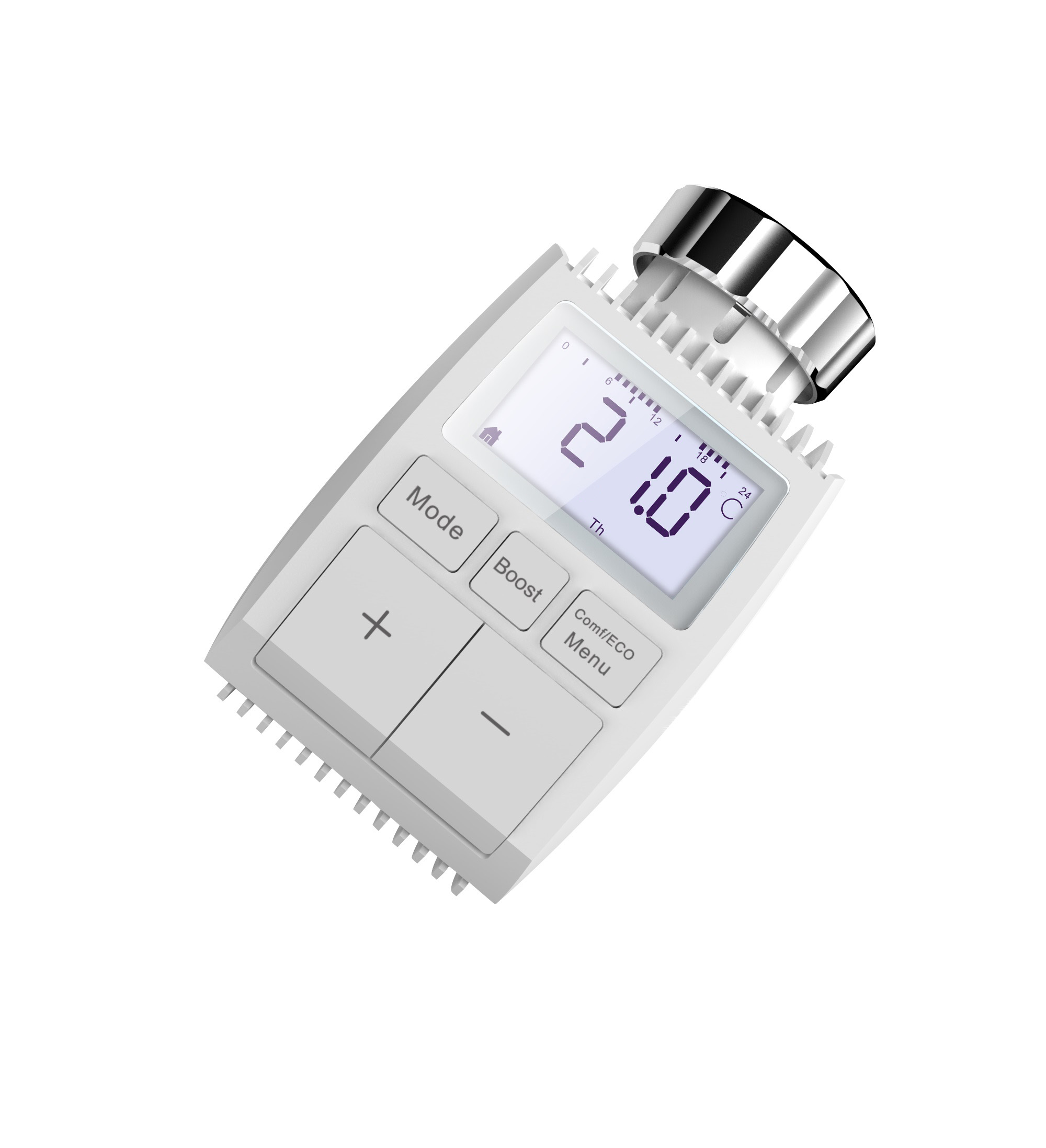 Weißes Smart-Thermostat mit Digitalanzeige 21,0. Knöpfe für Modus, Boost und Menü.