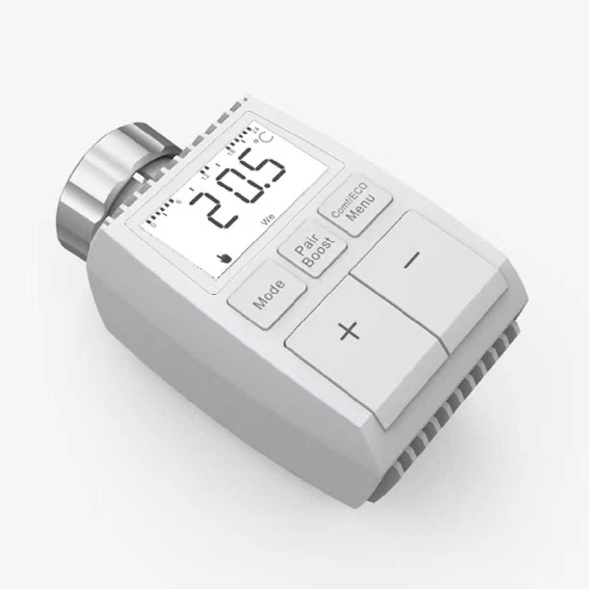 Ein weißes Smart-Thermostat mit Knöpfen und Digitalanzeige von 20,5 Grad Celsius.