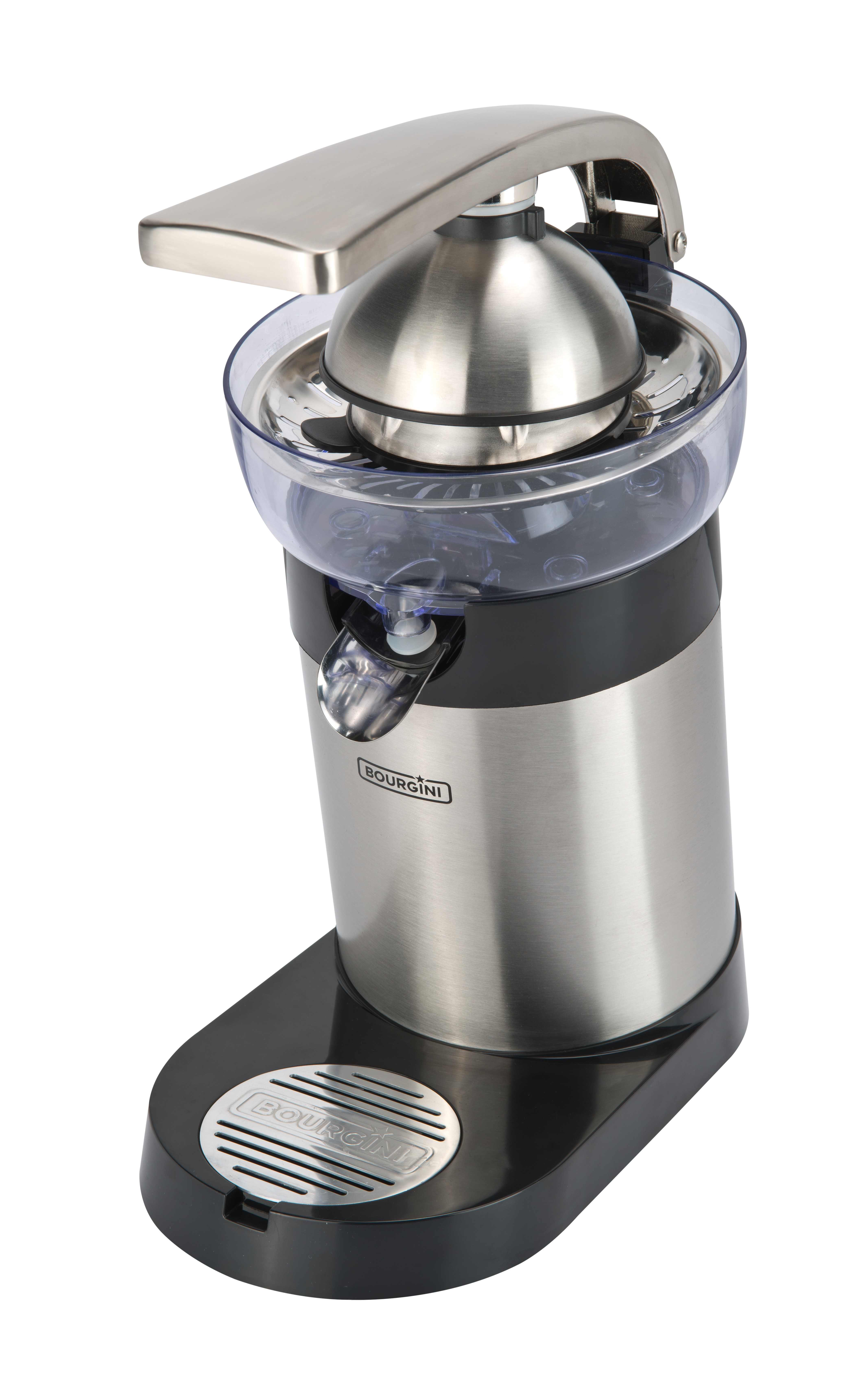 Spremiagrumi argento e nero. Contenitore trasparente, base in acciaio inox. Base nera.