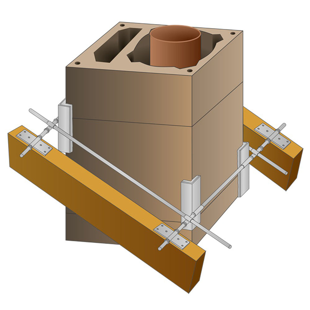 Holzkonstruktion mit einem braunen Mittelteil und Stützen. Metallstäbe verbinden Teile.