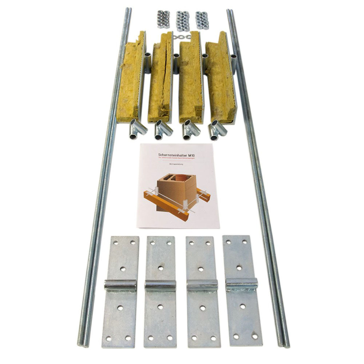 Ein Satz Schornsteinbauteile, darunter Metallstangen, Halterungen und Isolierplatten.