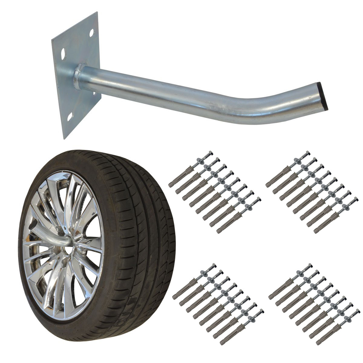 Ein Autoreifen mit silbernem Rad und silberner Metallhalterung.