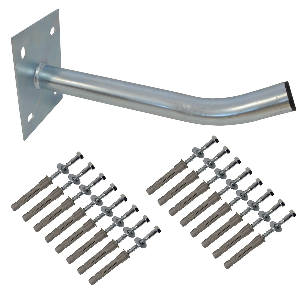 Metallhalterung mit Schrauben und Ankern auf weißem Hintergrund.
