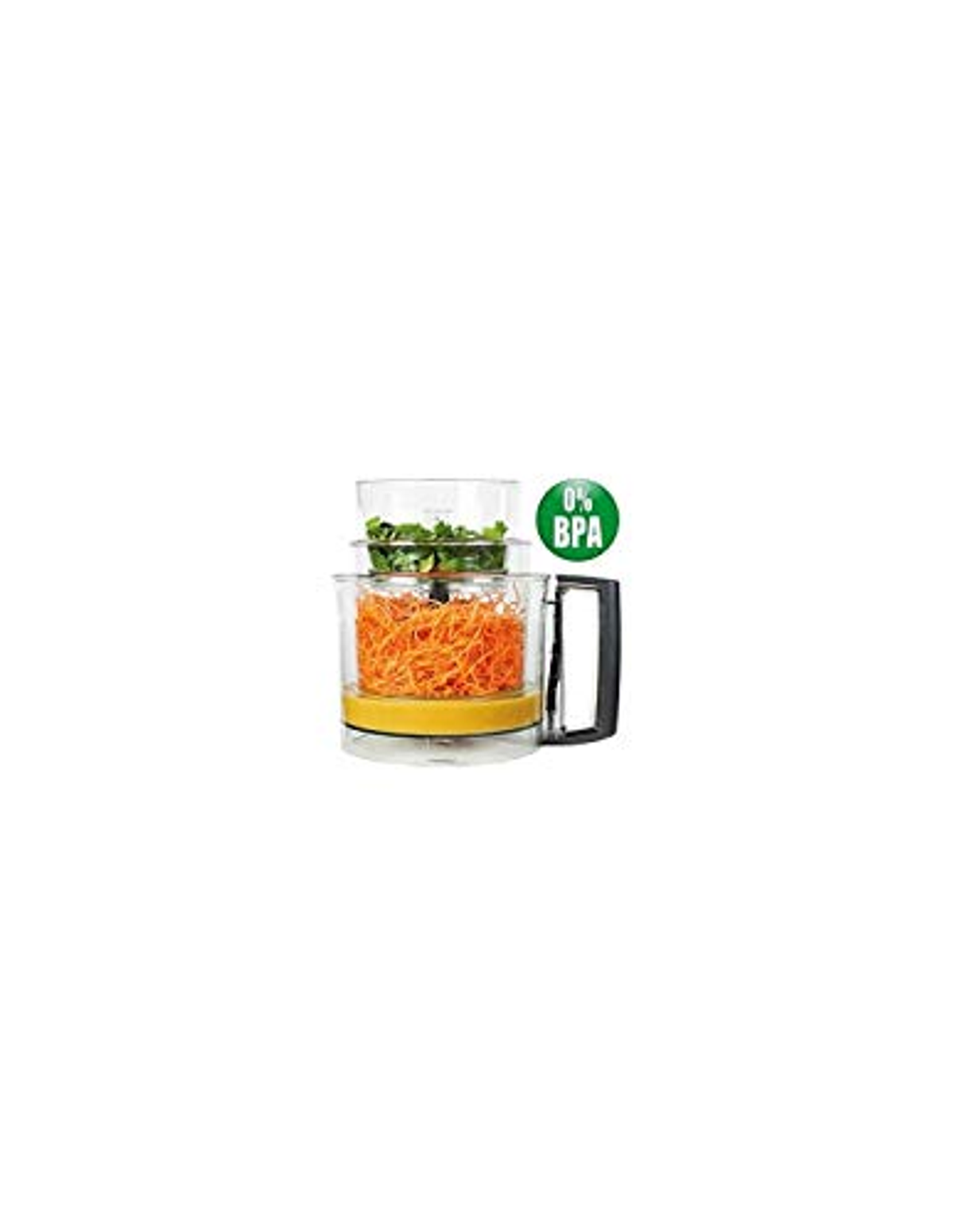 Un robot da cucina con verdure all'interno. Carote e verdure visibili. Etichetta 0% BPA.