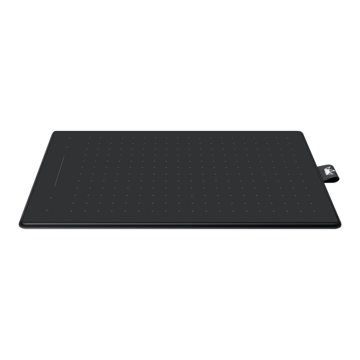 Tableta de dibujo negra con un lápiz óptico, colocada sobre un fondo blanco.