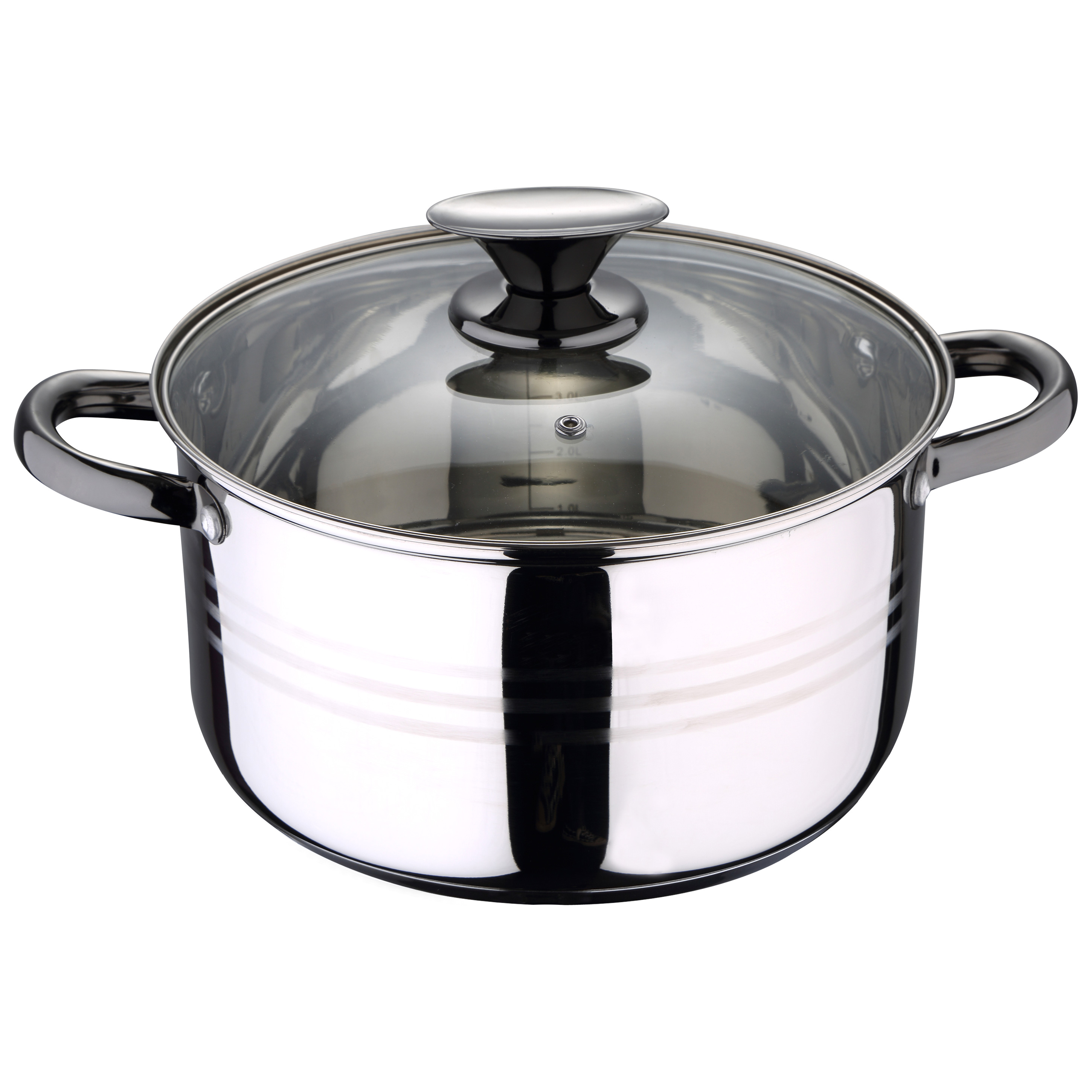 Una olla de acero inoxidable con tapa de vidrio, asas negras y perilla negra, sobre fondo blanco.