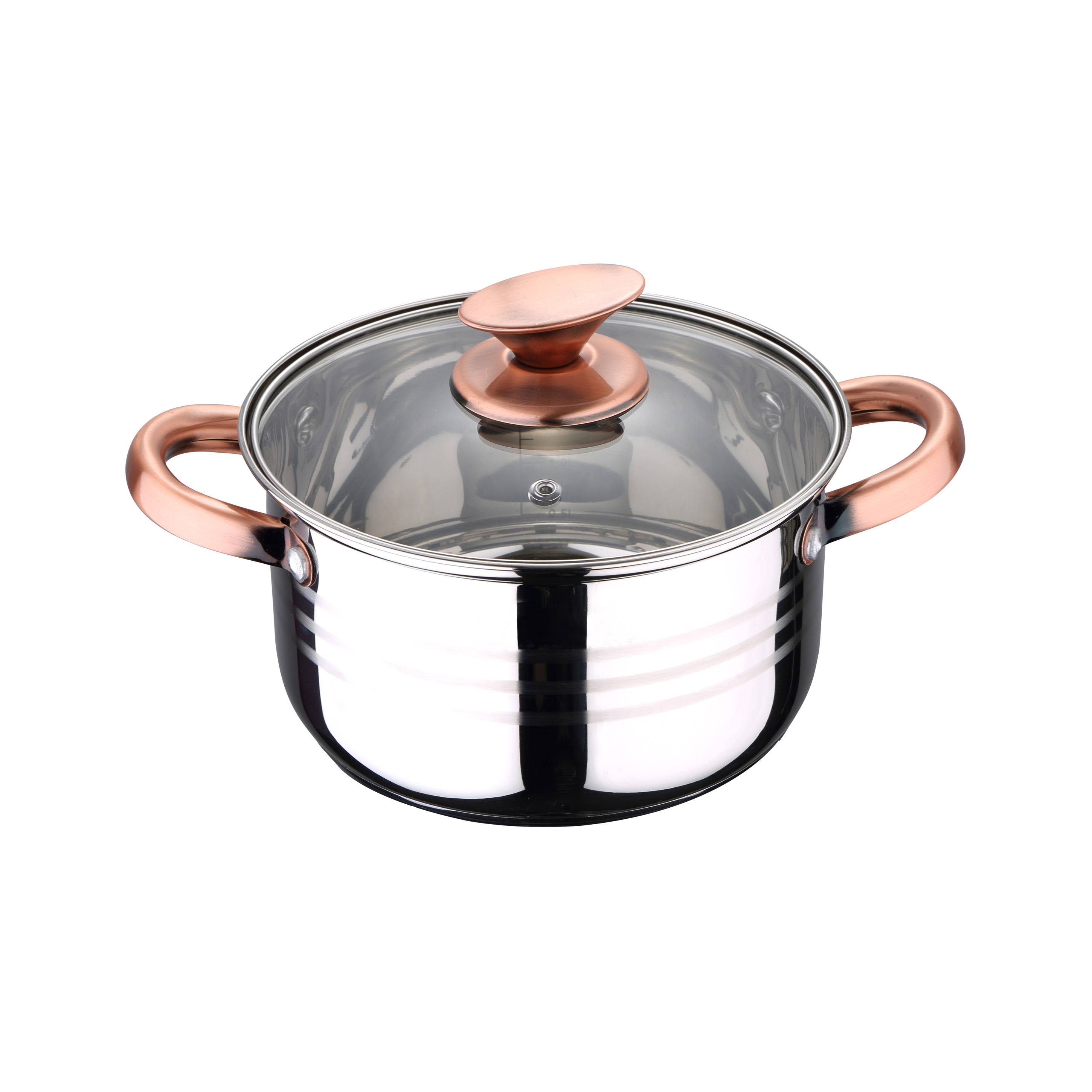 Una olla de acero inoxidable con asas de color cobre y una tapa de vidrio con un asa de color cobre.