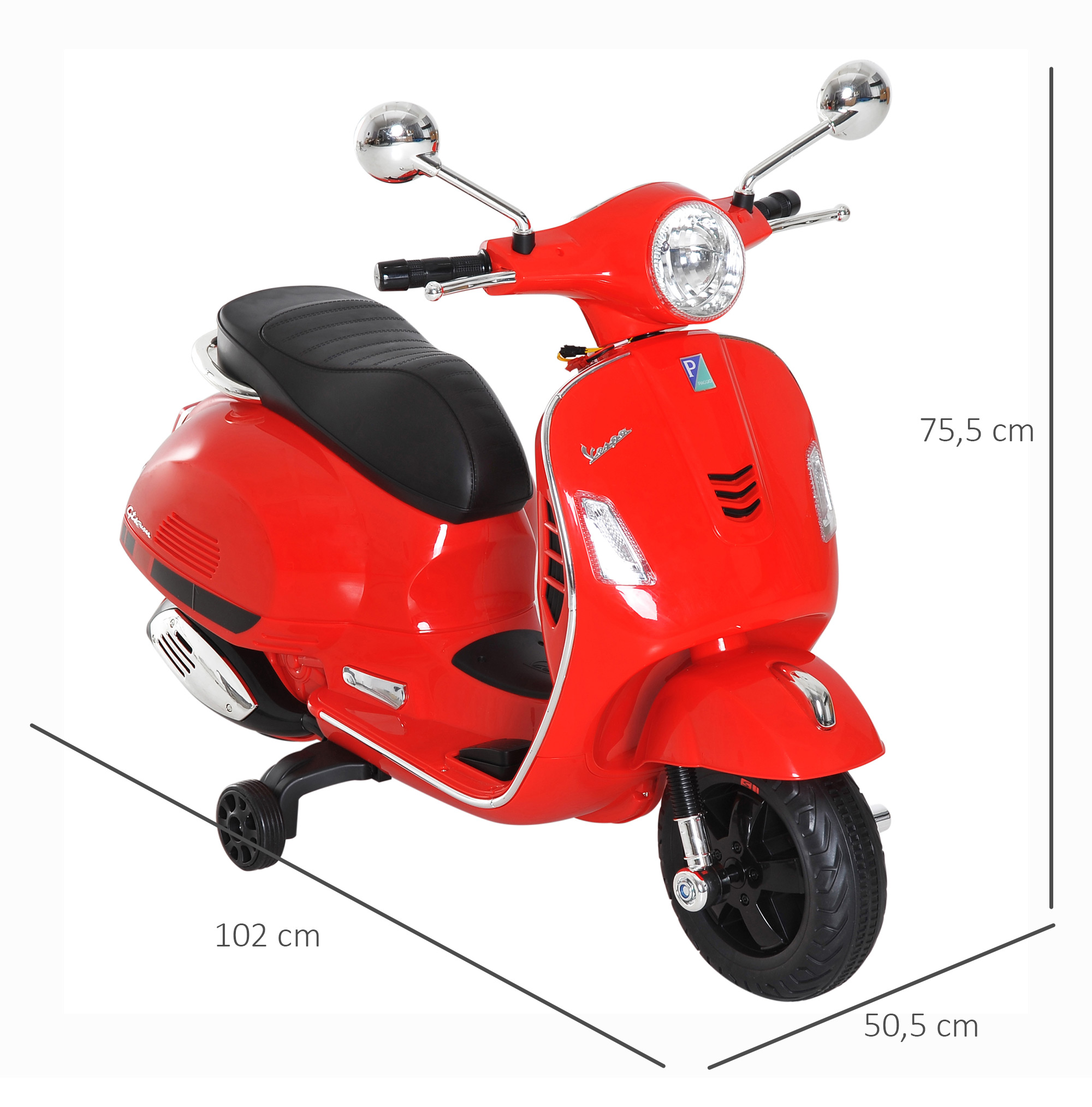 Juguete de scooter Vespa rojo. Se muestran dimensiones. Ruedas negras, detalles plateados.