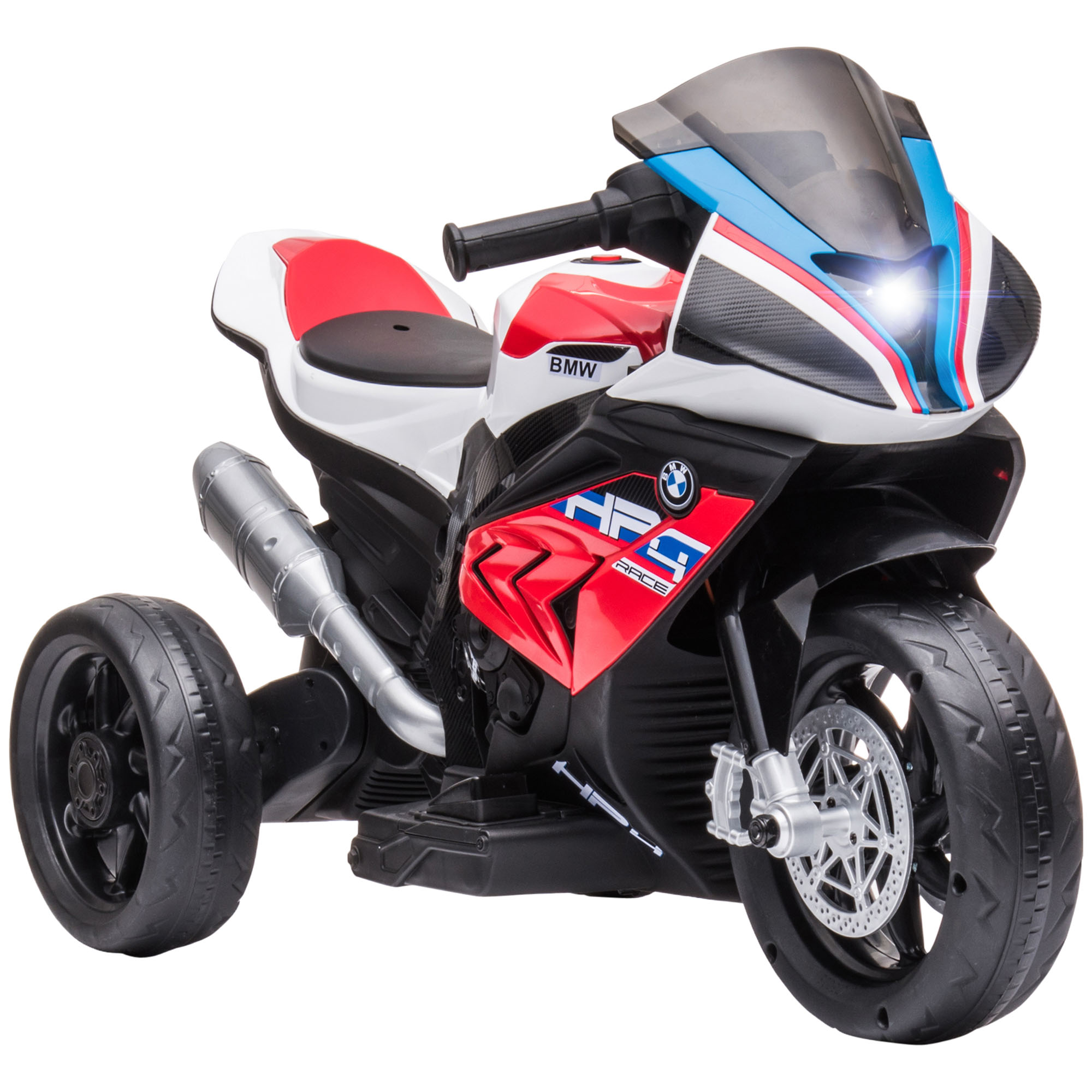 Moto giocattolo rossa, bianca e nera. Sfondo bianco.