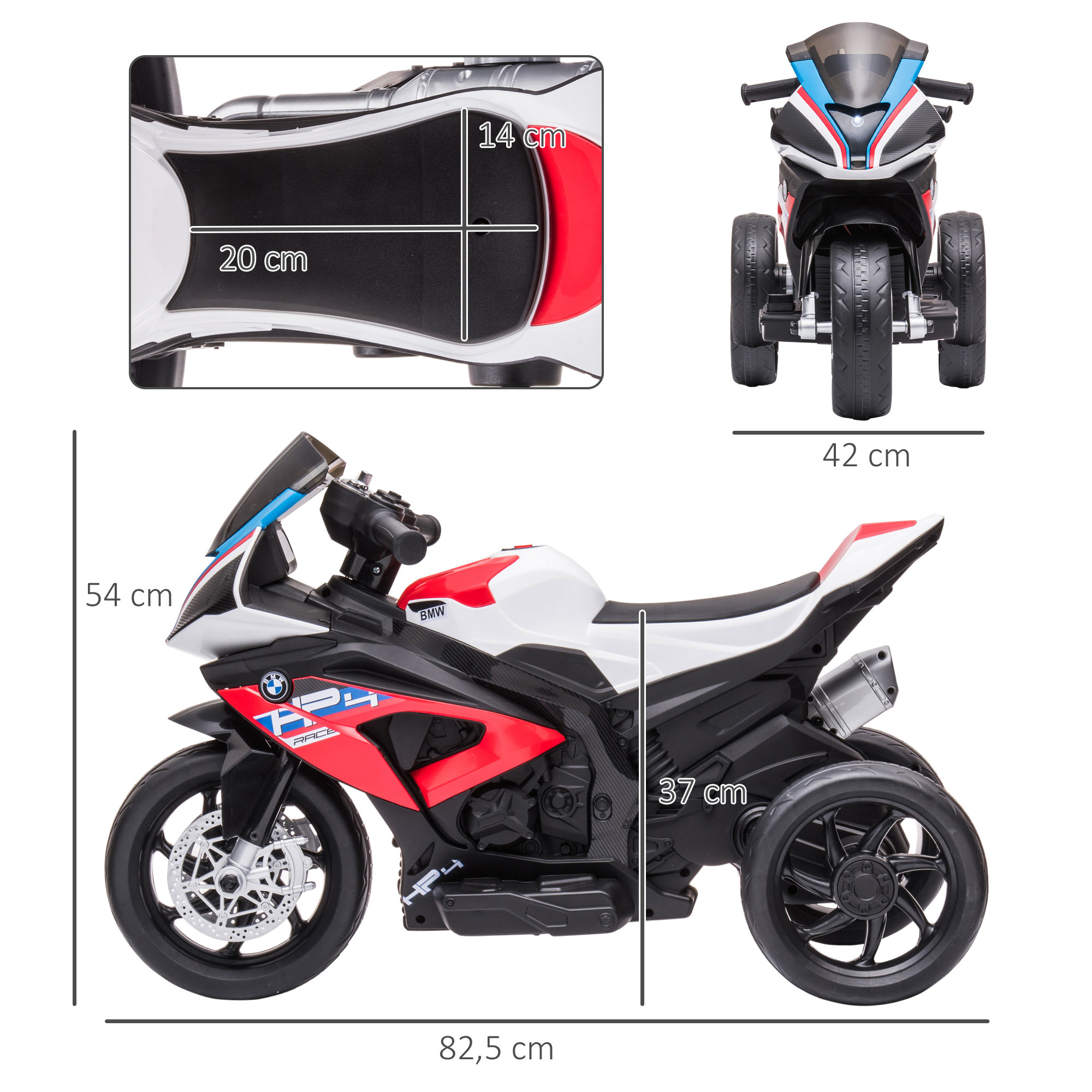 Una moto de juguete roja, blanca y negra con ruedines, con dimensiones. Fondo blanco.