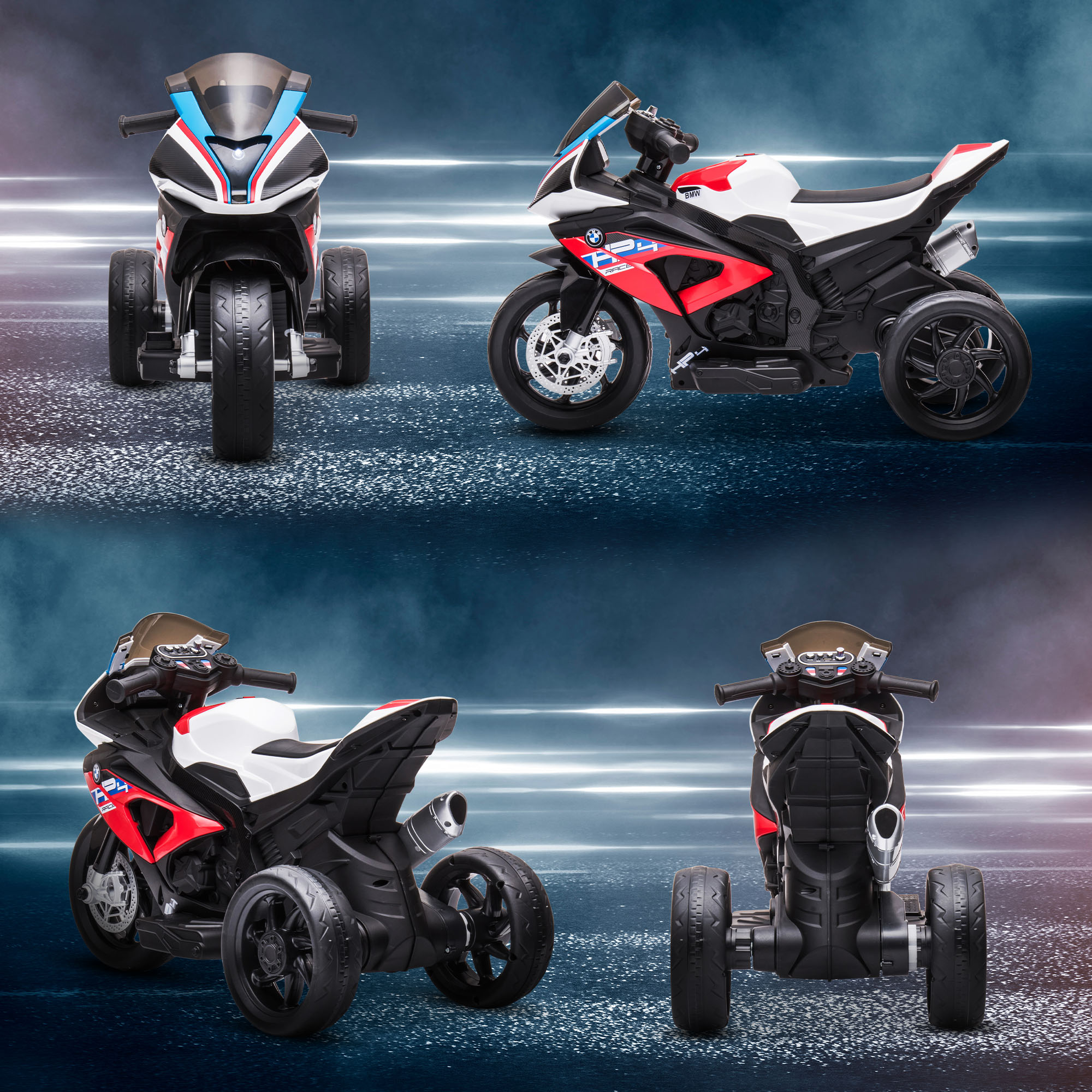 Quattro viste di un giocattolo di moto elettrica per bambini, rosso, bianco e nero.
