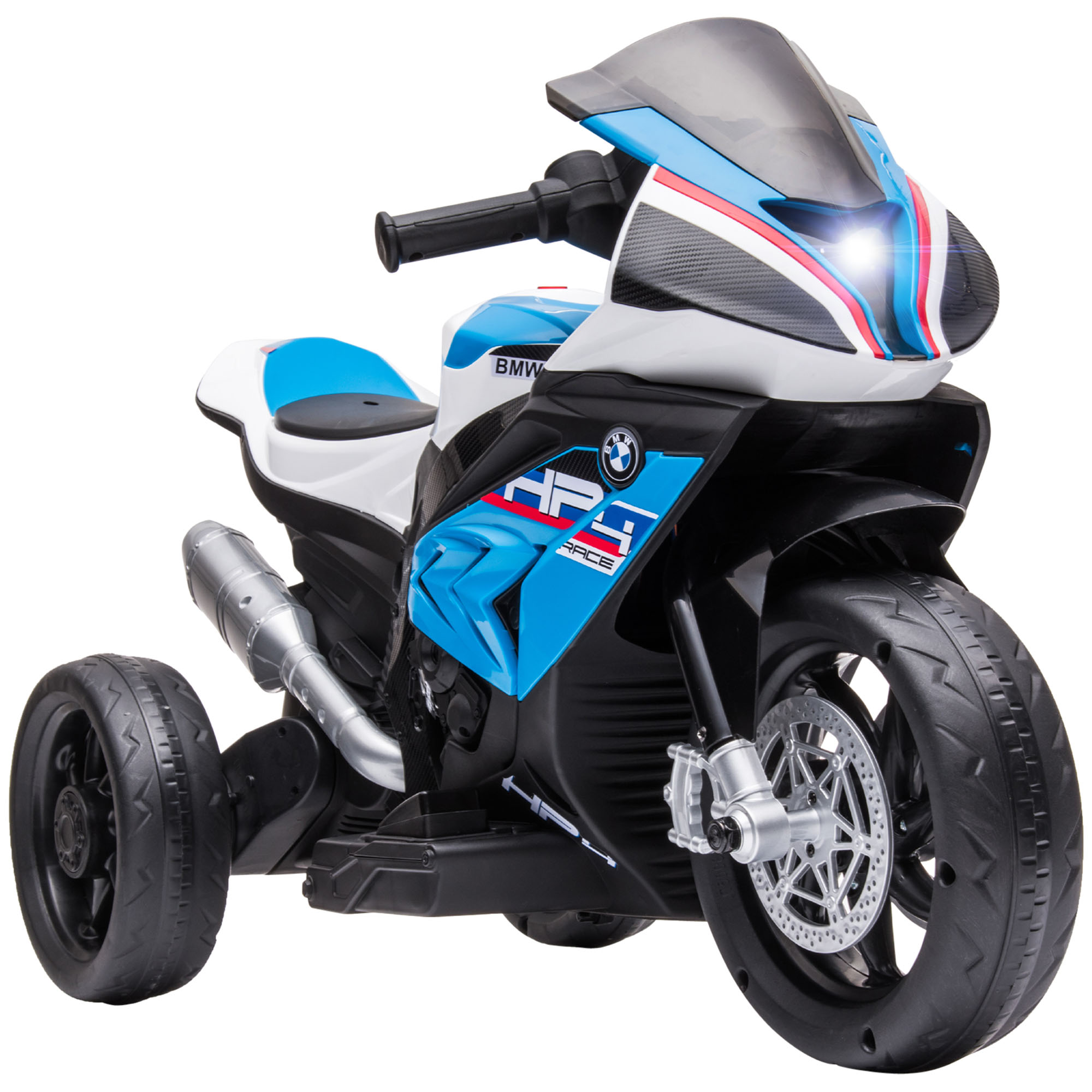 Moto giocattolo BMW in blu, bianco e nero con tre ruote. Include parabrezza e luci.