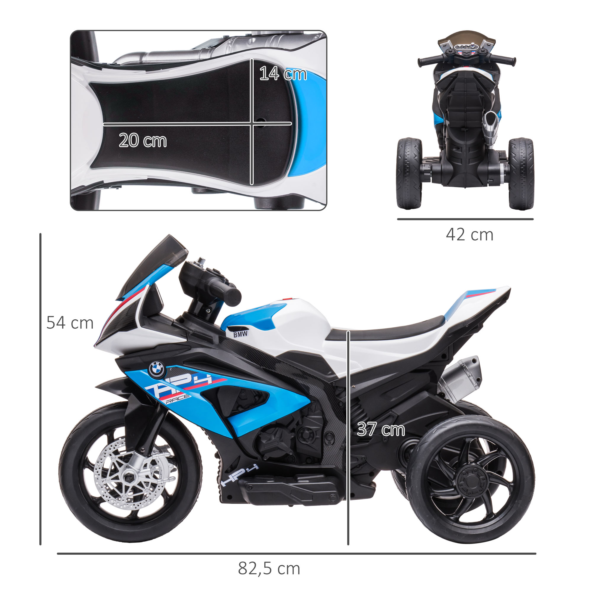 Una motocicleta de juguete en blanco, azul y negro con dimensiones etiquetadas, de tres ruedas, vista lateral.