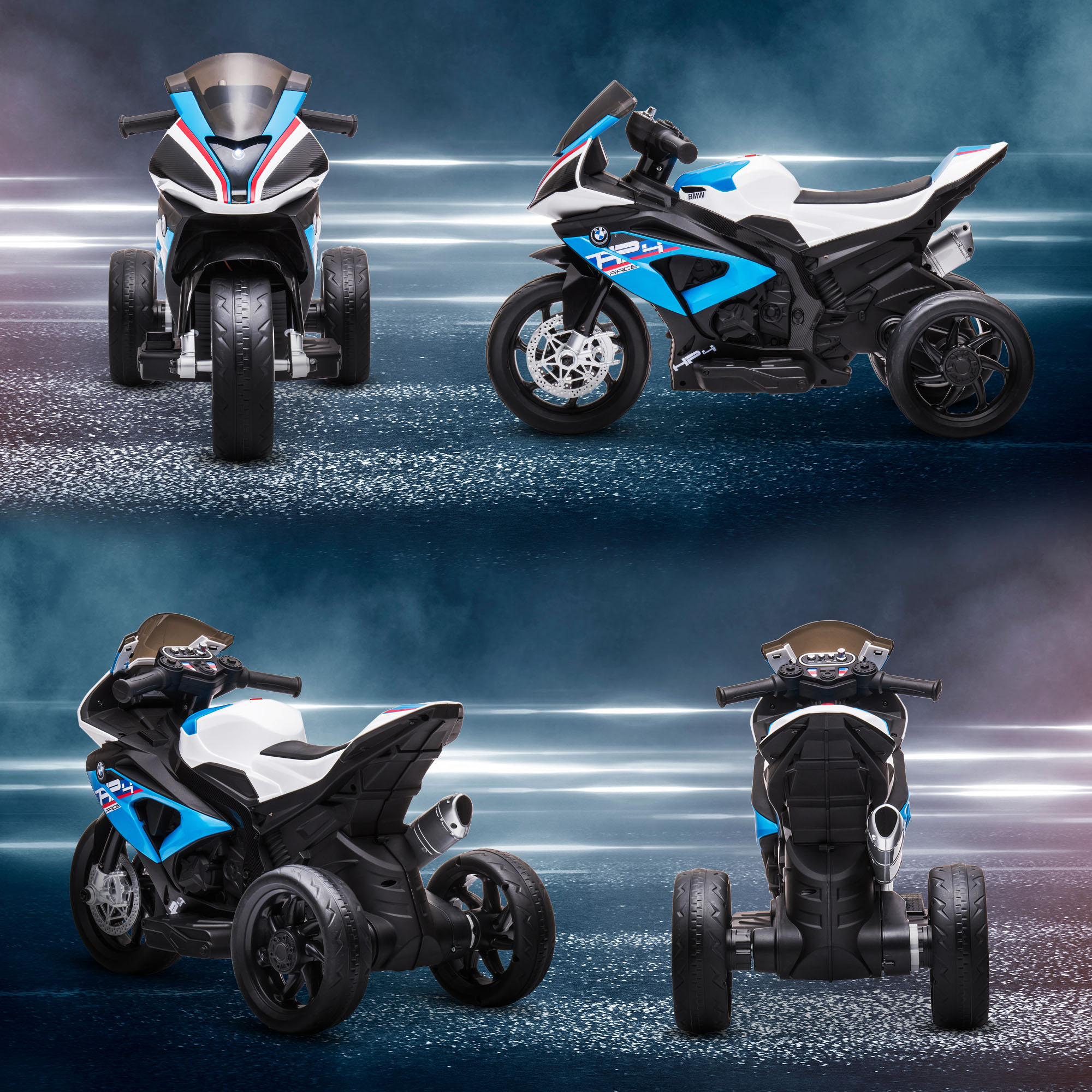 Quattro viste di una moto giocattolo bianca, blu e nera a tre ruote, su sfondo sfocato.