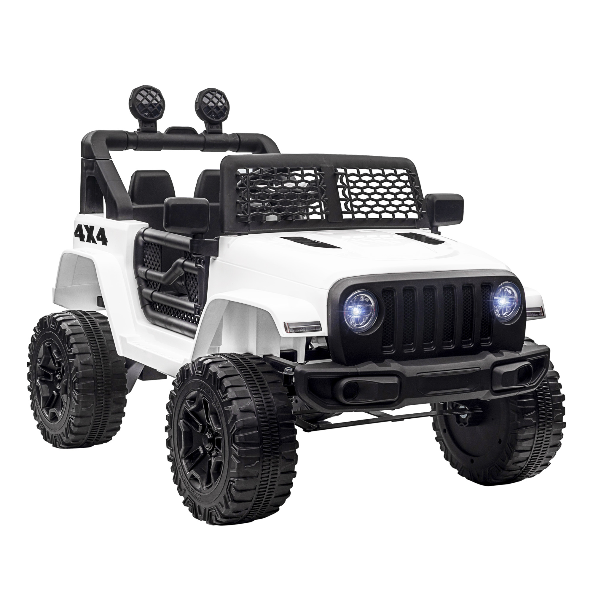 Jeep giocattolo bianco. Ha pneumatici neri e una gabbia di protezione nera, con la scritta 4X4 sul lato.