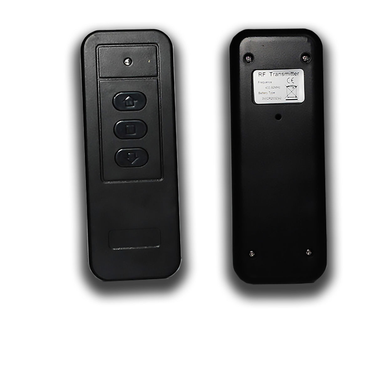 Two black remote controls with buttons. One shows front buttons, the other back with details.