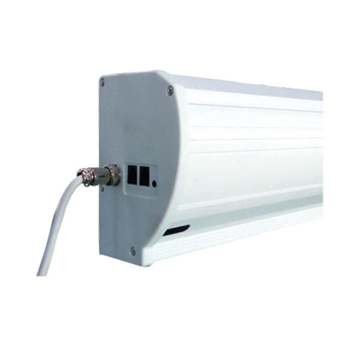 White projection screen casing with a cable attached, with a white background.