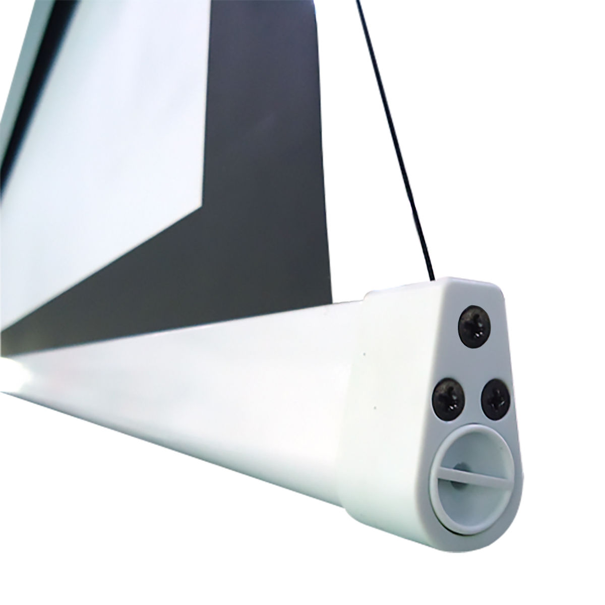 White projection screen roller with a black screen, and a black cable hanging down.