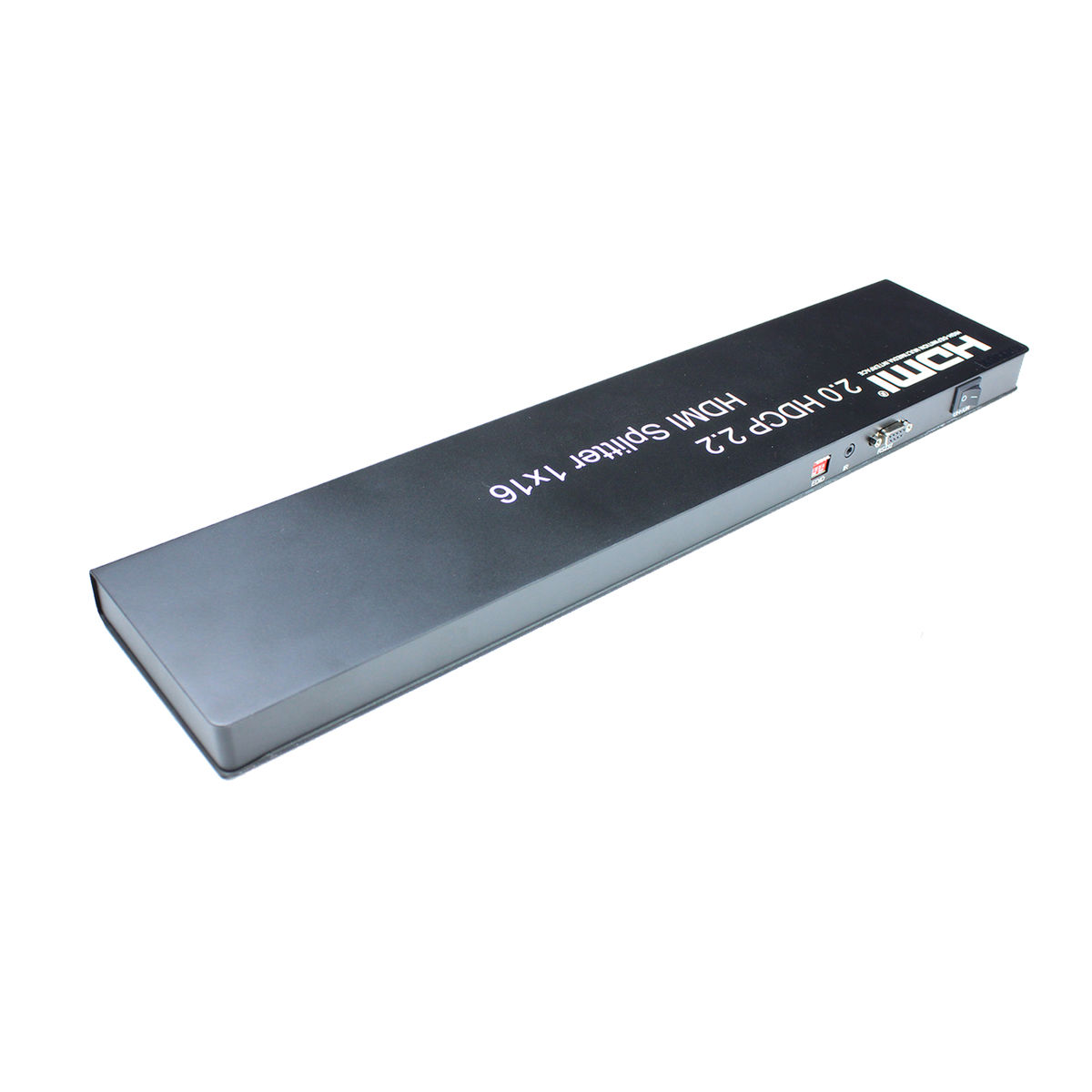 Divisor HDMI negro con puertos. Texto: HDMI 2.0 HDCP 2.2 HDMI Splitter 1x16.