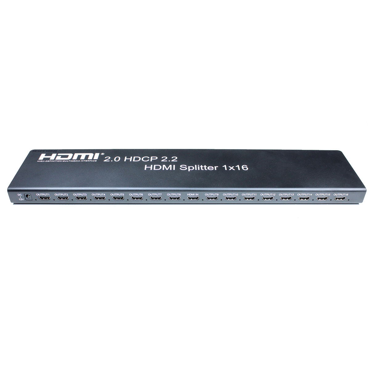 Divisor HDMI negro 1x16 con múltiples puertos de salida, mostrando la etiqueta HDMI 2.0 HDCP 2.2.