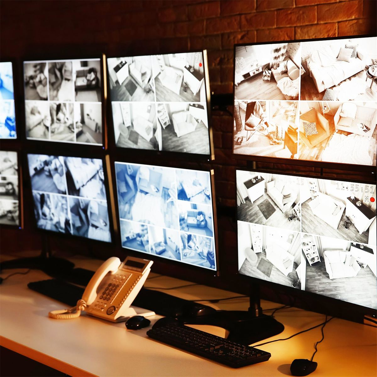 Múltiples monitores de seguridad mostrando diferentes vistas de cámara, con teléfono y teclado.