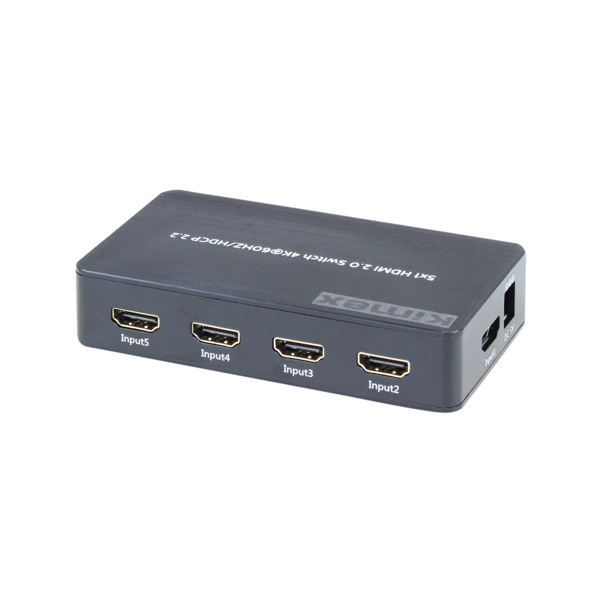 Una caja de conmutación HDMI negra con múltiples puertos de entrada etiquetados.