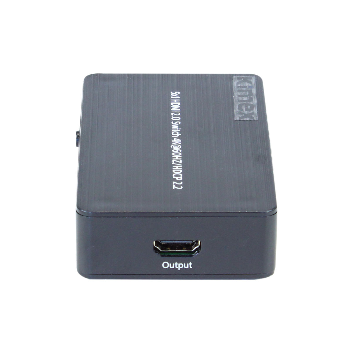 Conmutador HDMI negro con un puerto de salida. Vista superior, con texto: 5x HDMI 2.0 Switch @60Hz/HDCP 2.2.