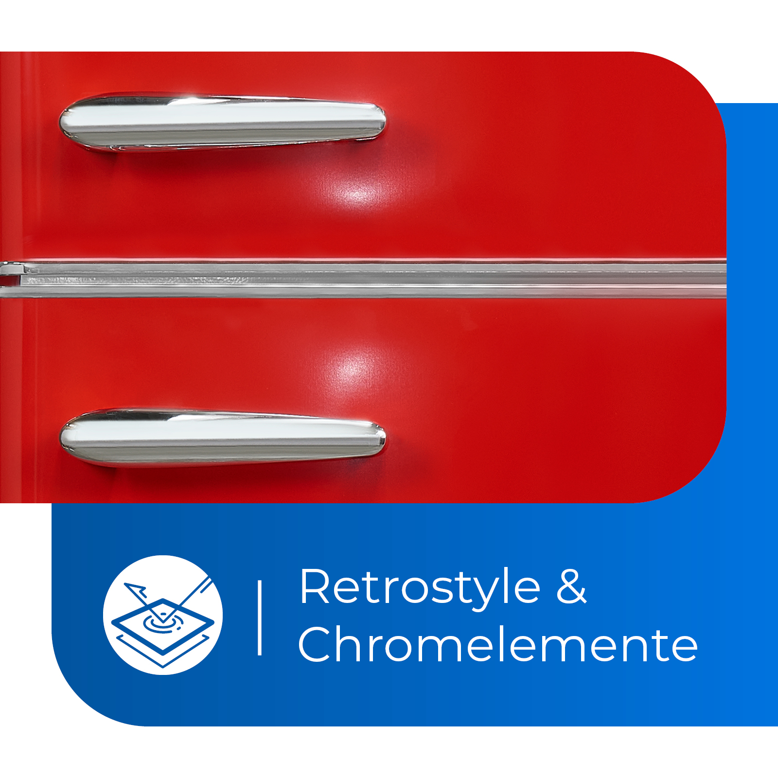 Eine rote Kühlschranktür mit Chromgriffen und der Aufschrift 'Retrostyle'.